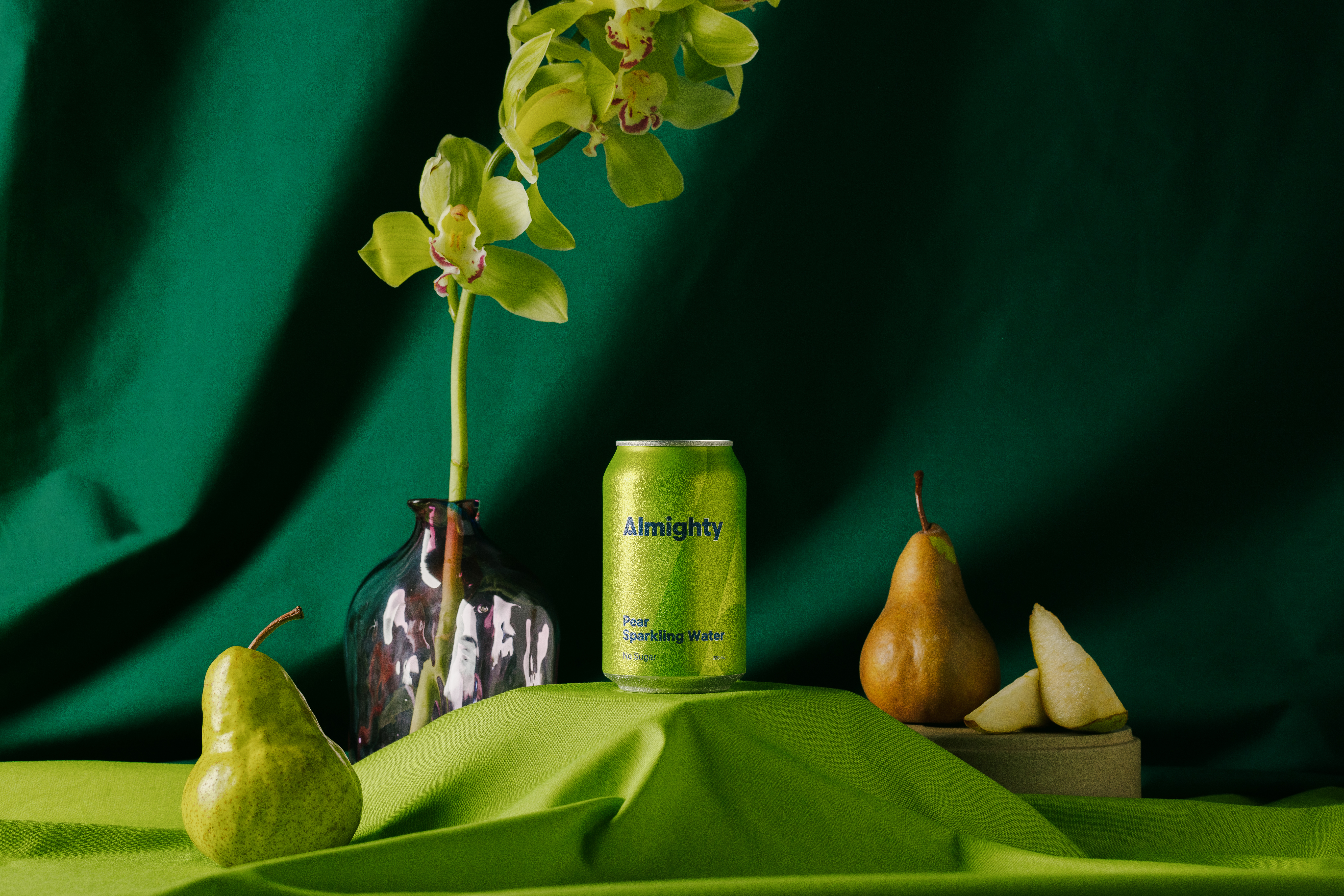 Almighty's new Pear Sparkling Water.