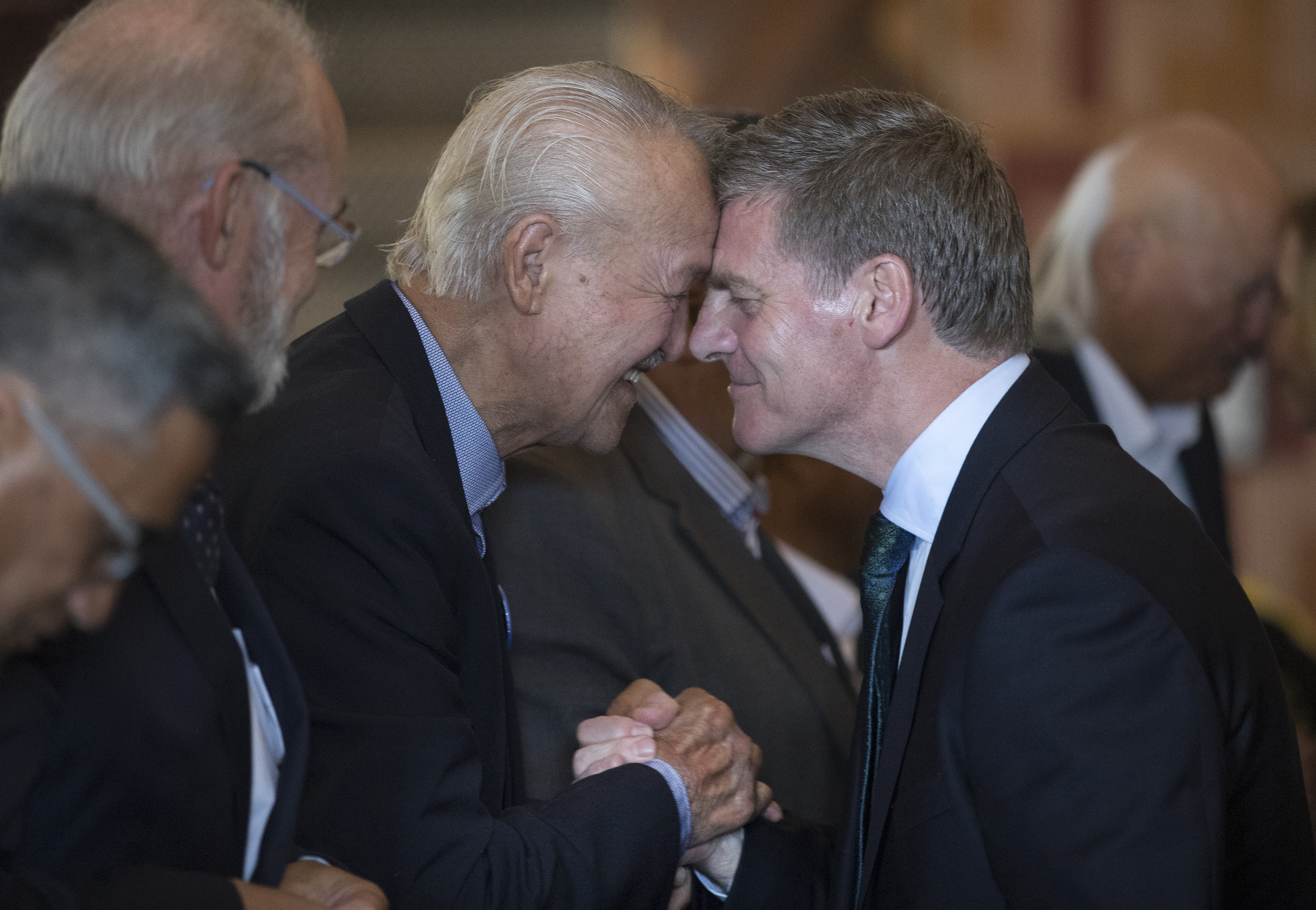 Sir Bill English greeting the late Joe Hawke inside Ōrākei Marae in 2017. Photo / Brett Phibbs