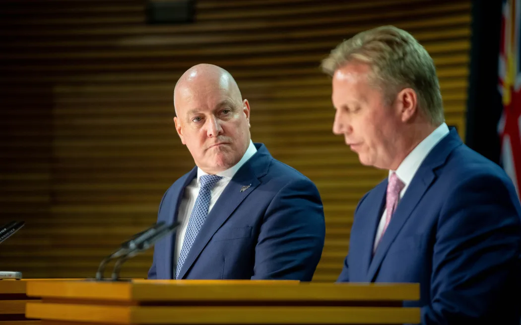 Prime Minister Christopher Luxon (left) and Trade Minister Todd McLay announced the conclusion of free trade negotiations with India in December. Photo / Mark Papalii, RNZ