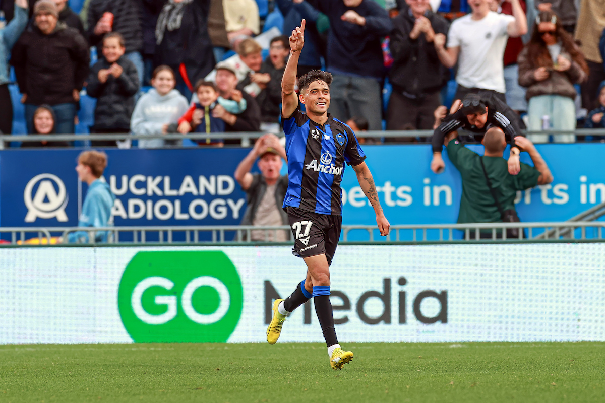 Auckland FC's Logan Rogerson celebrates scoring against Brisbane. Photo / Photosport