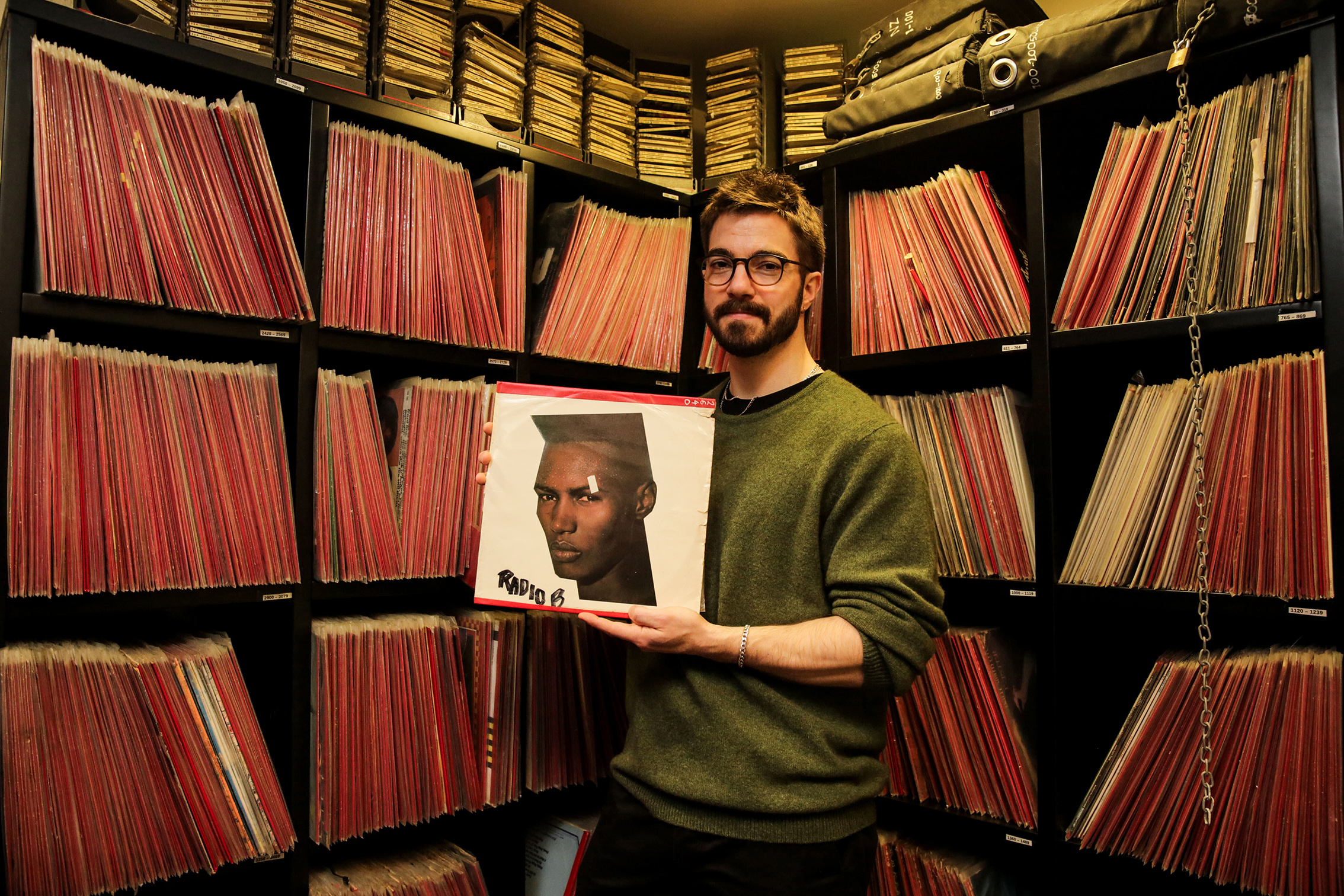 95bFM general manager Tom Tremewan at the Auckland University office in 2023, when the station was selling part of its archive of vinyl records to raise money. Photo / Sylvie Whinray 