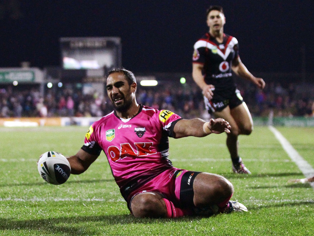 Travis Robinson of the Panthers scores in the corner during the round 10 NRL match between the Penrith Panthers and the New Zealand Warriors. Photo / Getty Images.