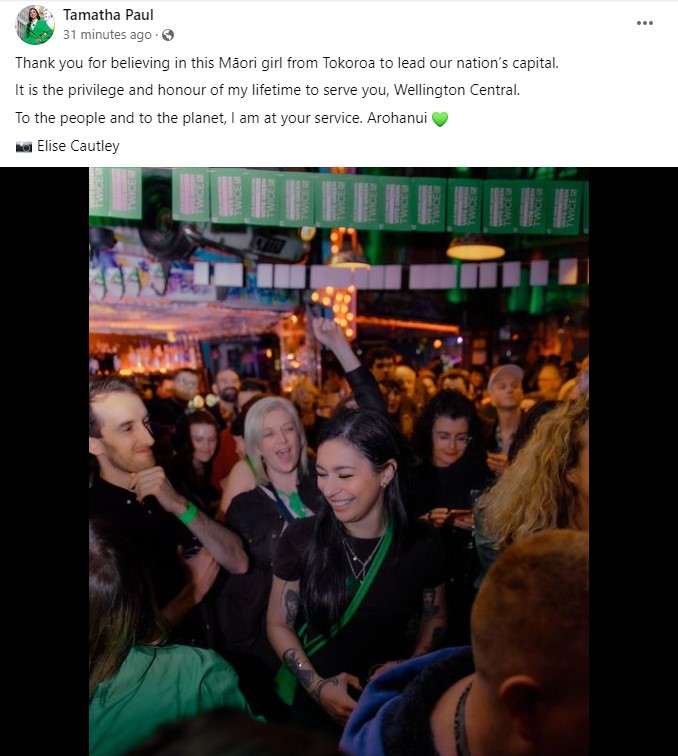 Tamatha Paul posted 'It is the privilege and honour of my lifetime to serve you, Wellington Central' after her election win October 14, 2023. Photo / via Meta