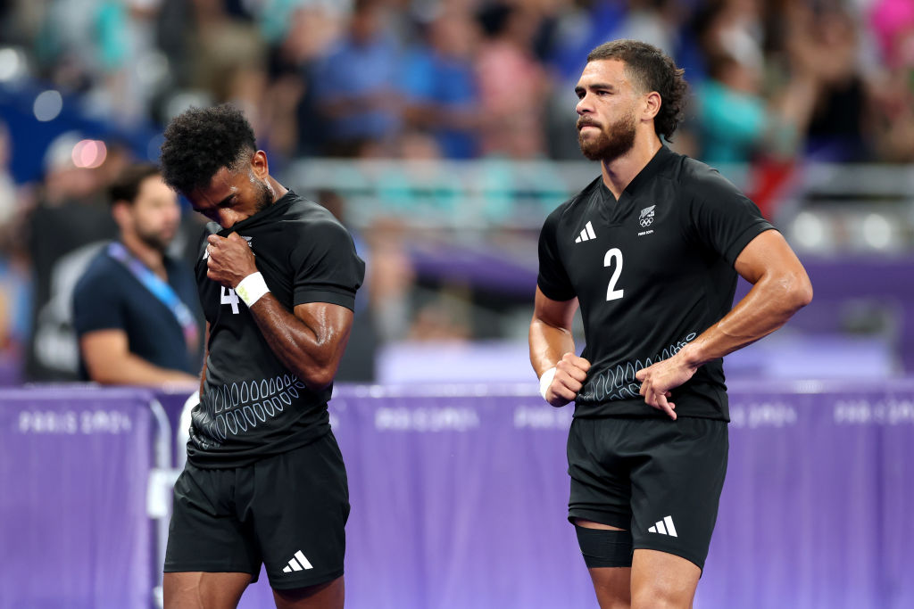 Brady Rush looks dejected following defeat in the men's Rugby Sevens quarter-finals to South Africa. Photo / Getty Images