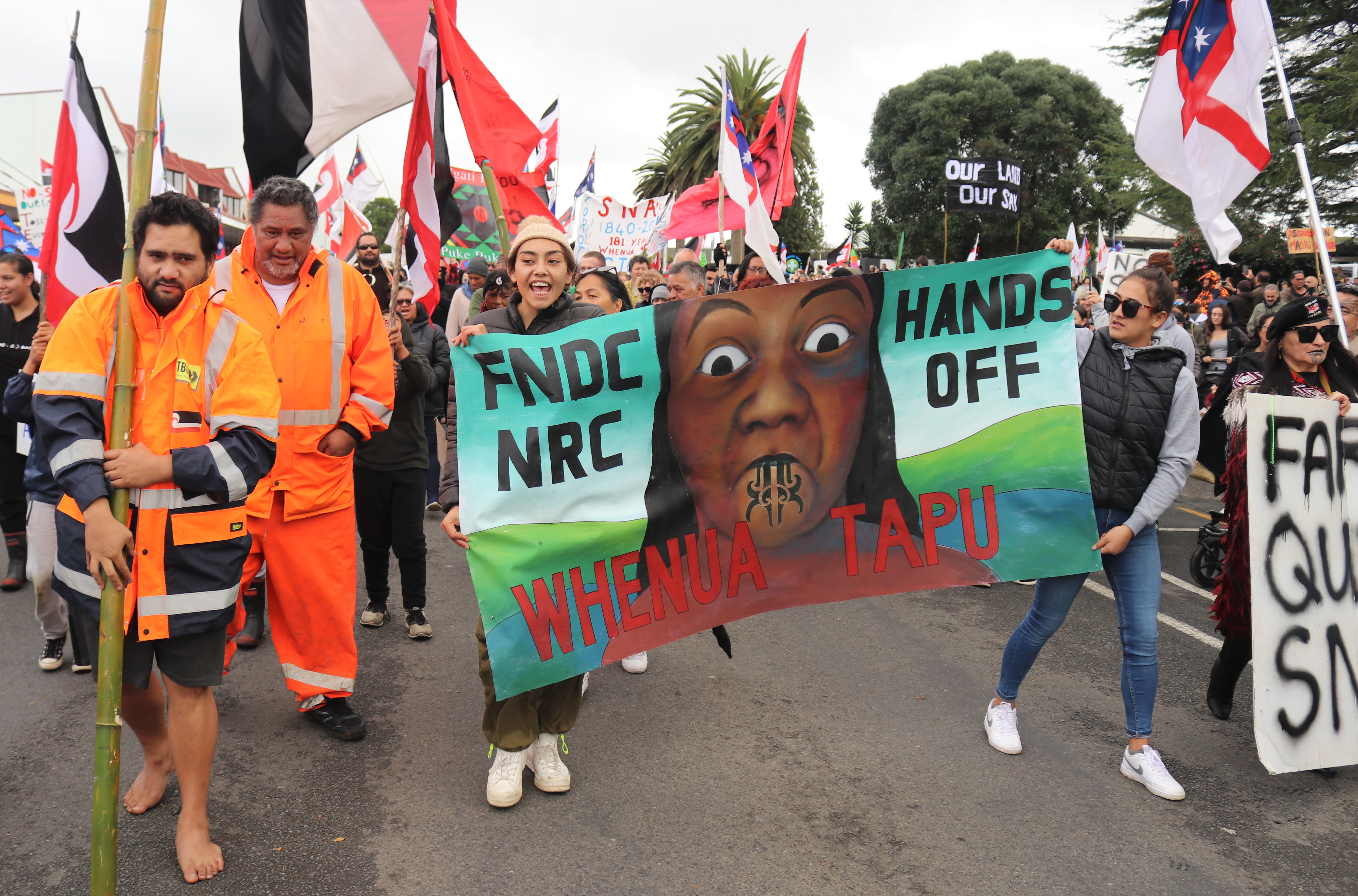 Marchers head down Broadway at the start of the 2021 hīkoi. Photo / Peter de Graaf