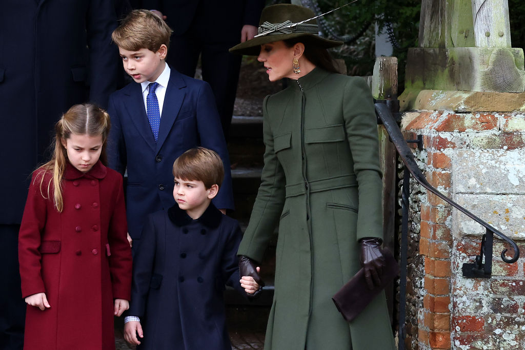 Princess Charlotte, Prince George, Prince Louis and Catherine, Princess of Wales, after the Christmas Day service at Sandringham Church in Norfolk, England. Photo / Getty Images