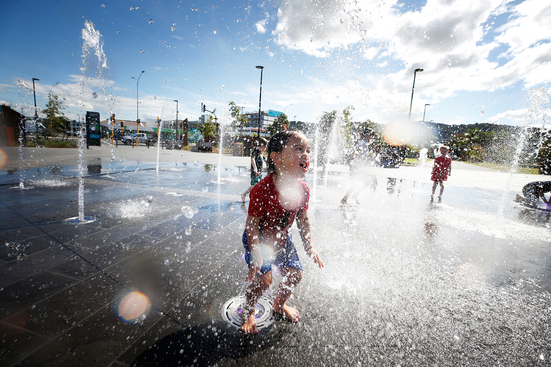 Ruangaio Edwards, 4, enjoys the new interactive water feature at the Whangārei Town Basin Park. Photo / Michael Cunningham