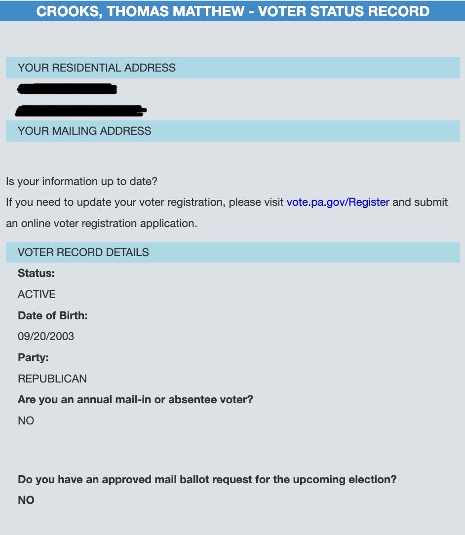Voter registration of Thomas Matthew Crooks, the shooter at the Trump rally in Butler, Pa on July 14, 2024 (NZT).