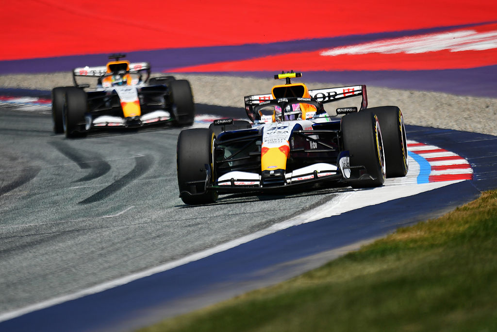 Liam Lawson leads Racing Bulls teammate Arvid Lindblad at Formula One's Austrian Grand Prix. Photo / Getty Images