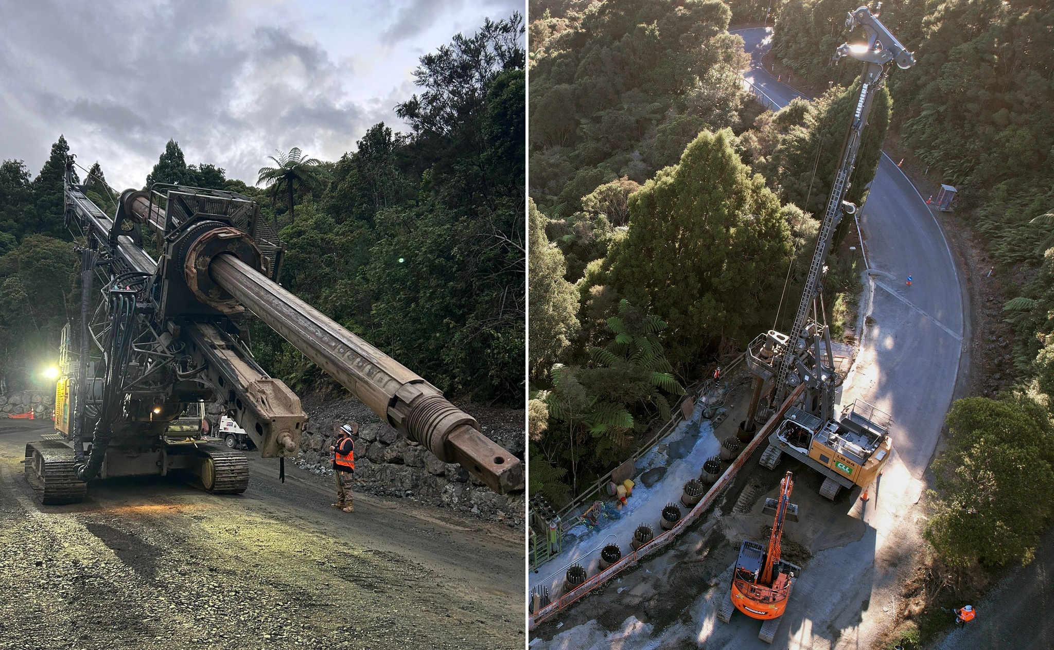 The giant piling rig being used to repair the road over the Mangamukas.