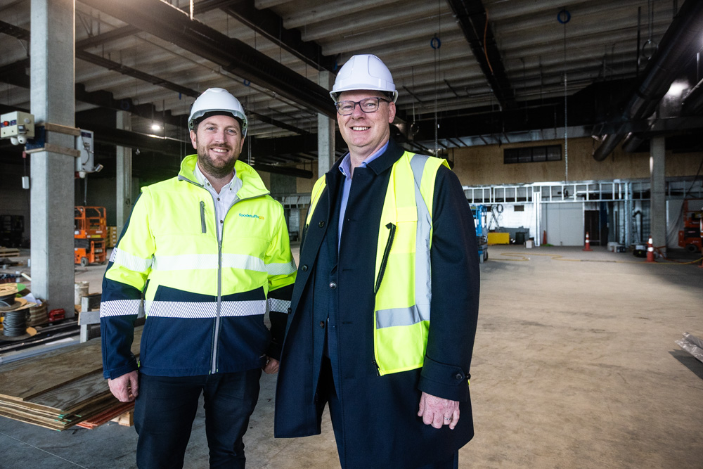 Andrew Bell (left), a Foodstuffs North Island development manager, with Lindsay Rowles, general manager of retail and property. Construction progresses at the site of the new New World Pt Chevalier. Photo / Jason Dorday