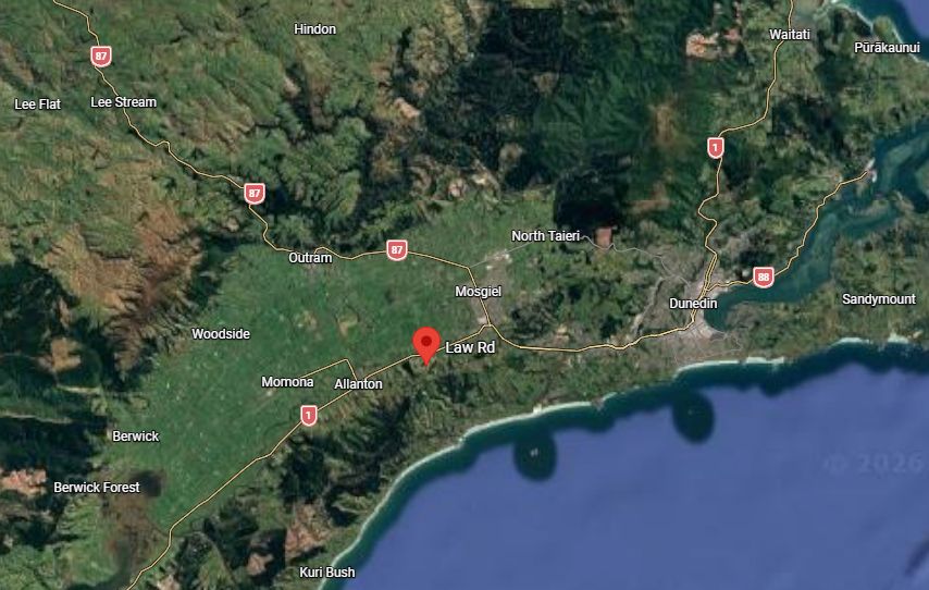 A person died in a crash at the intersection of State Highway 1 and Law Rd in Allanton, south of Dunedin, last night. Image / Google Maps