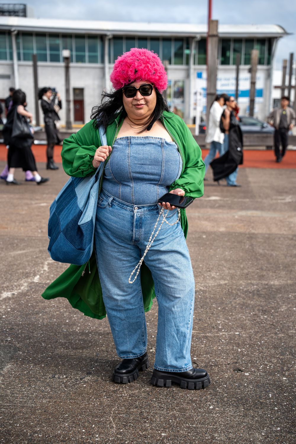 Jess Molina wears archival Claudia Li hat and coat, Levi's jeans and denim corset borrowed from a friend. Photo / Alyse Wright