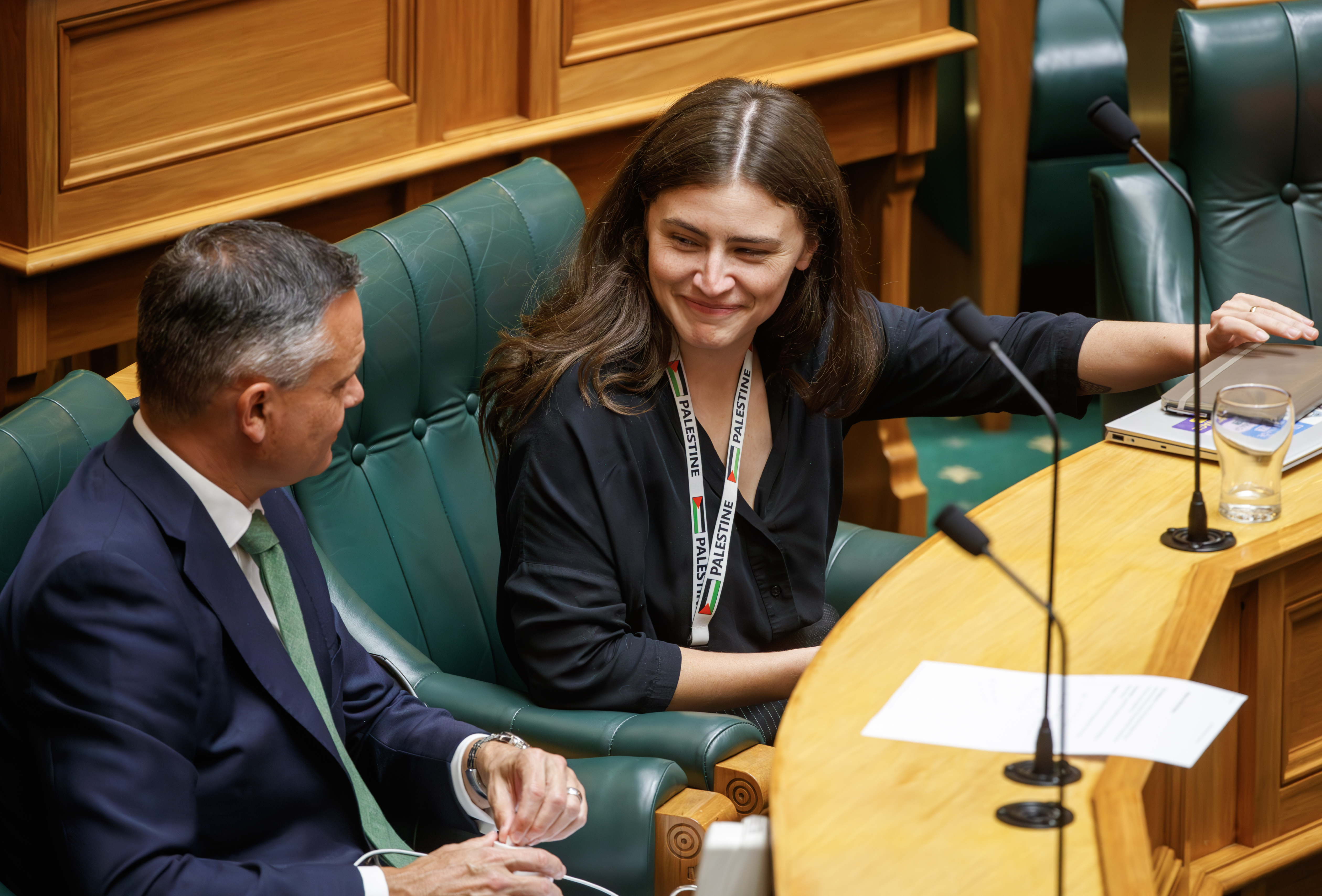 James Shaw in Parliament's debating chamber with the new co-leader of the Greens, Chloe Swarbrick. Photo / Mark Mitchell