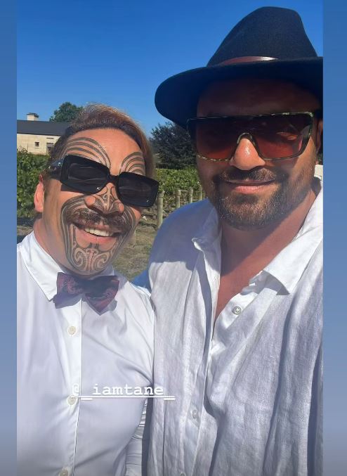 Hairdresser Tane Tomoana and Bailey Mackey at Jacinda Ardern and Clarke Gayford's wedding.