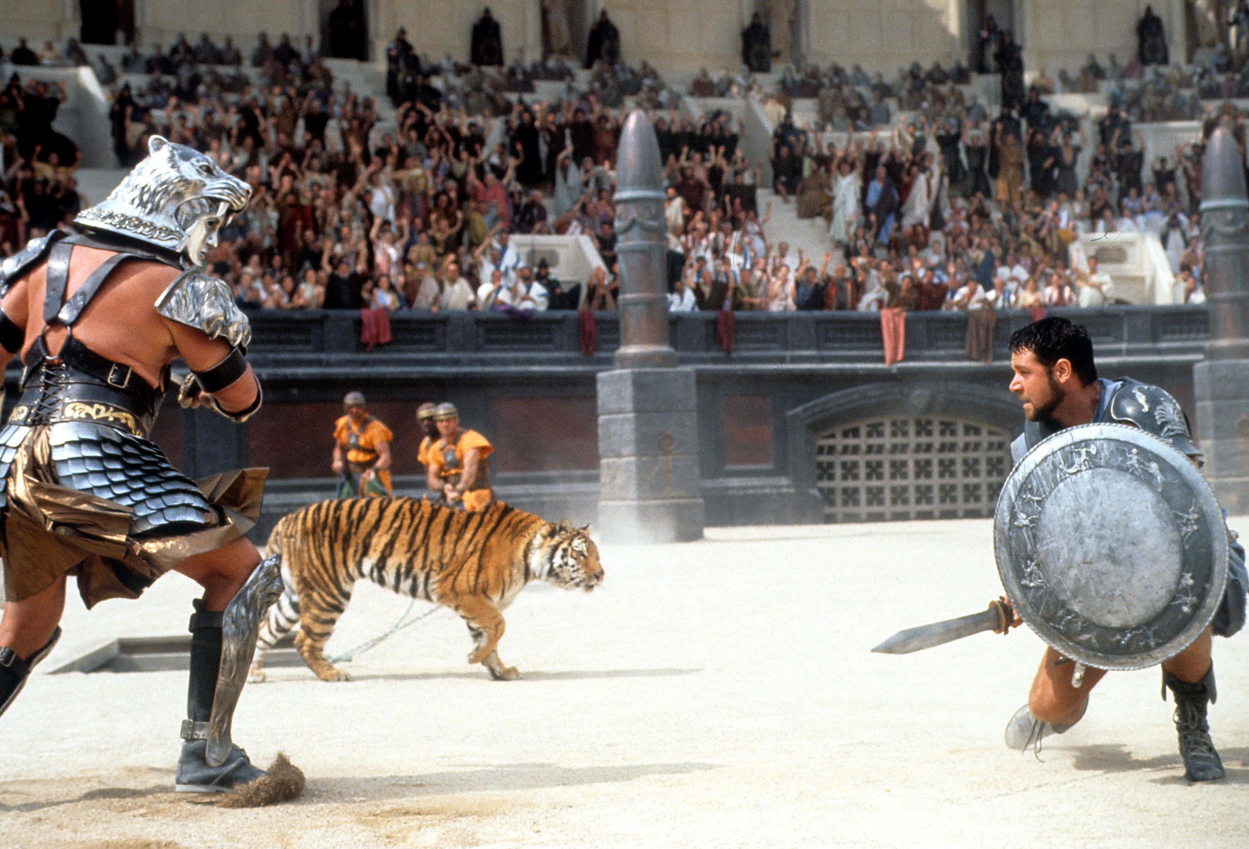 Russell Crowe facing off against tiger in a scene from the film 'Gladiator', 2000. Photo / Getty