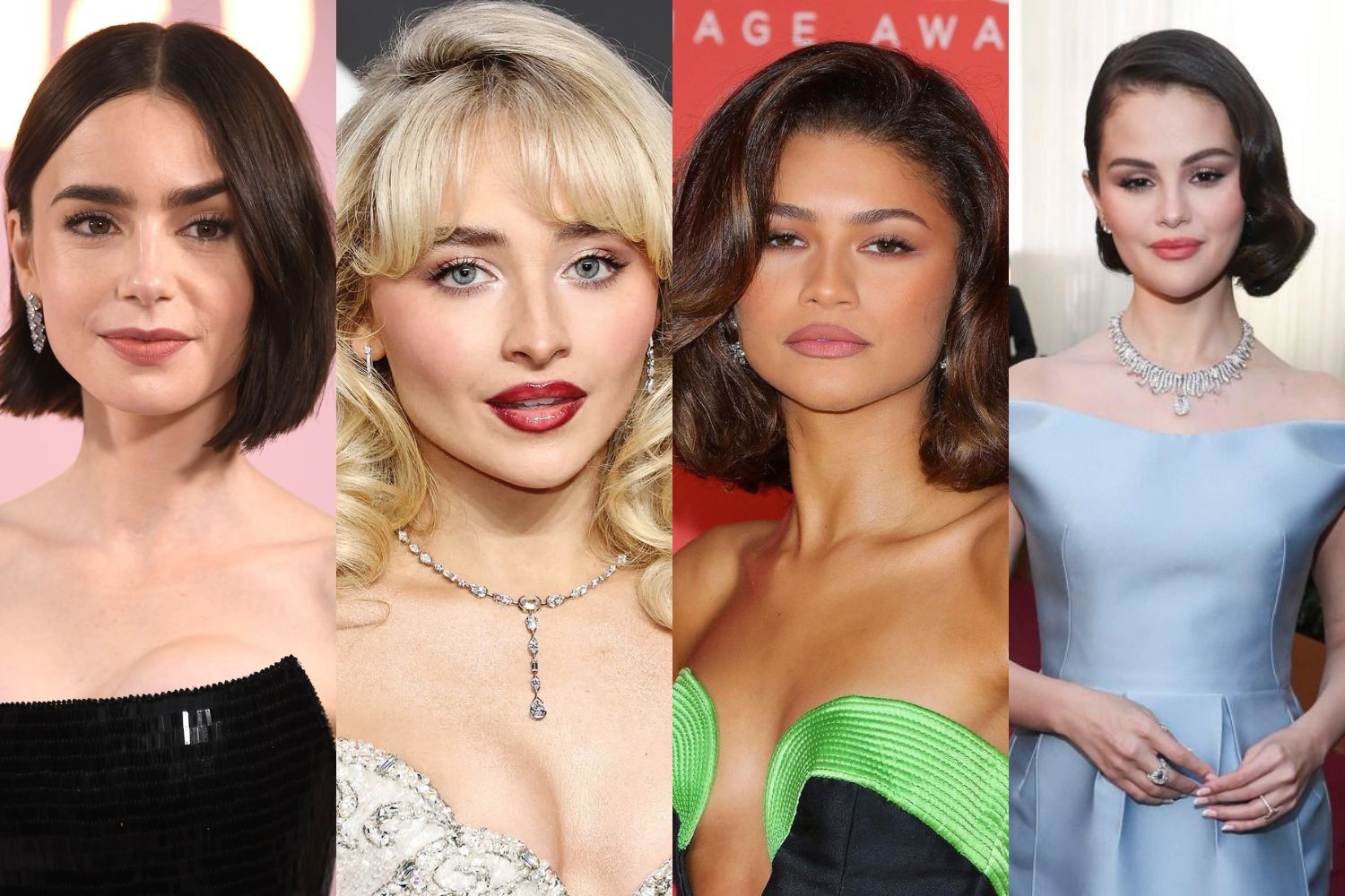 Lily Collins' micro bob (left), Sabrina Carpenter's curtain bangs, Zendaya's Italian bob and Selena Gomez's deep side part.