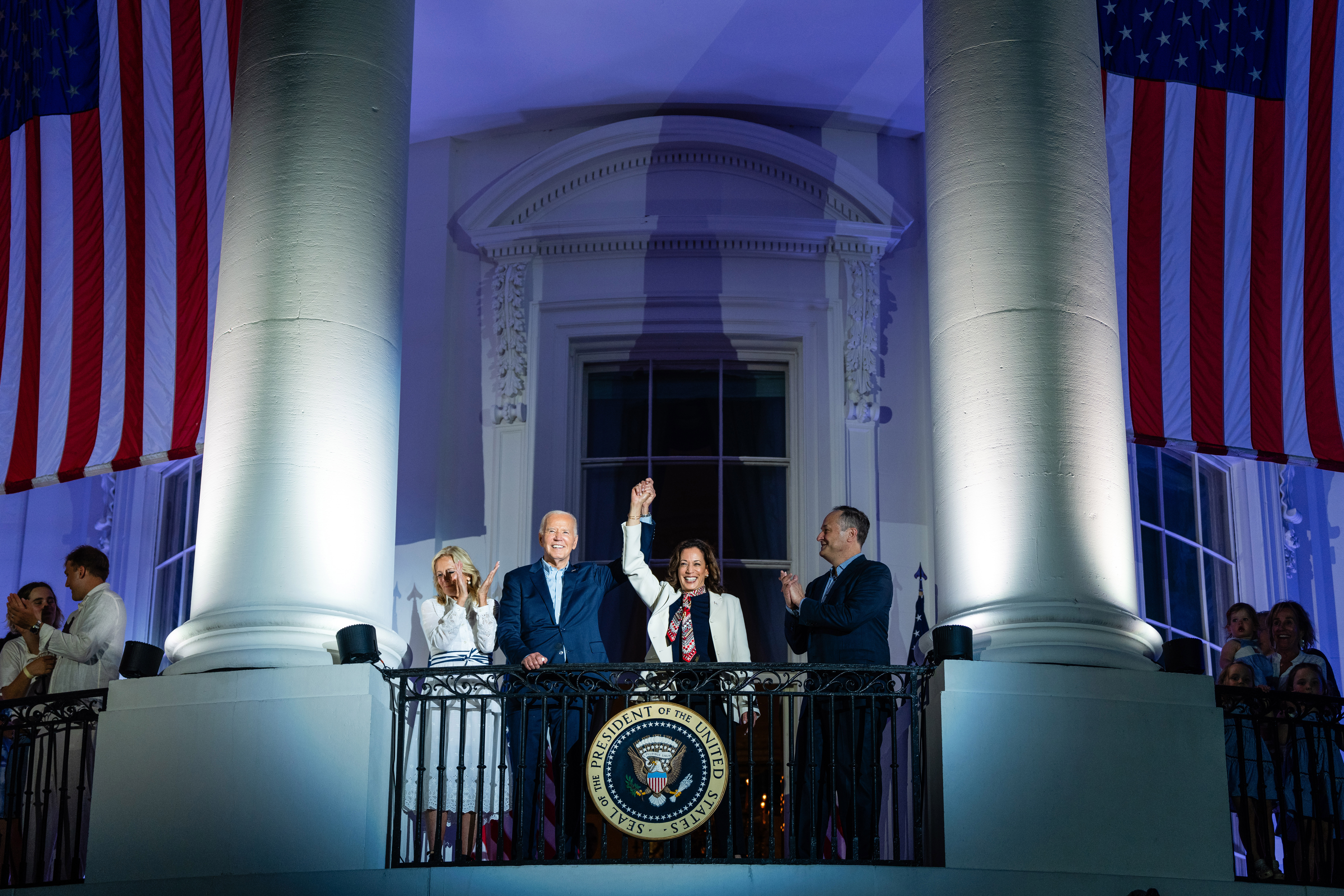 President Joe Biden, Vice President Kamala Harris and their families watch the Fourth of July fireworks over the National Mall at the White House on July 4, 2024. Photo / Eric Lee, The New York Times