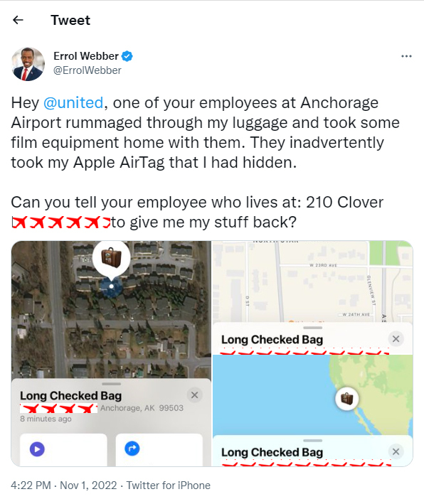 Filmmaker Errol Webber uses AirTag to track down luggage missing from  United Airlines flight