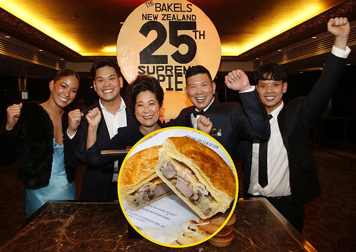 Jessica Lam, Darren Lam, Lay Phan Ho, Patrick Lam and Lawrence Lam from Patrick’s Pies Gold Star Bakery celebrate their supreme win at the 25th Bakels NZ Supreme Pie Awards on Tuesday night.  Photos / Supplied