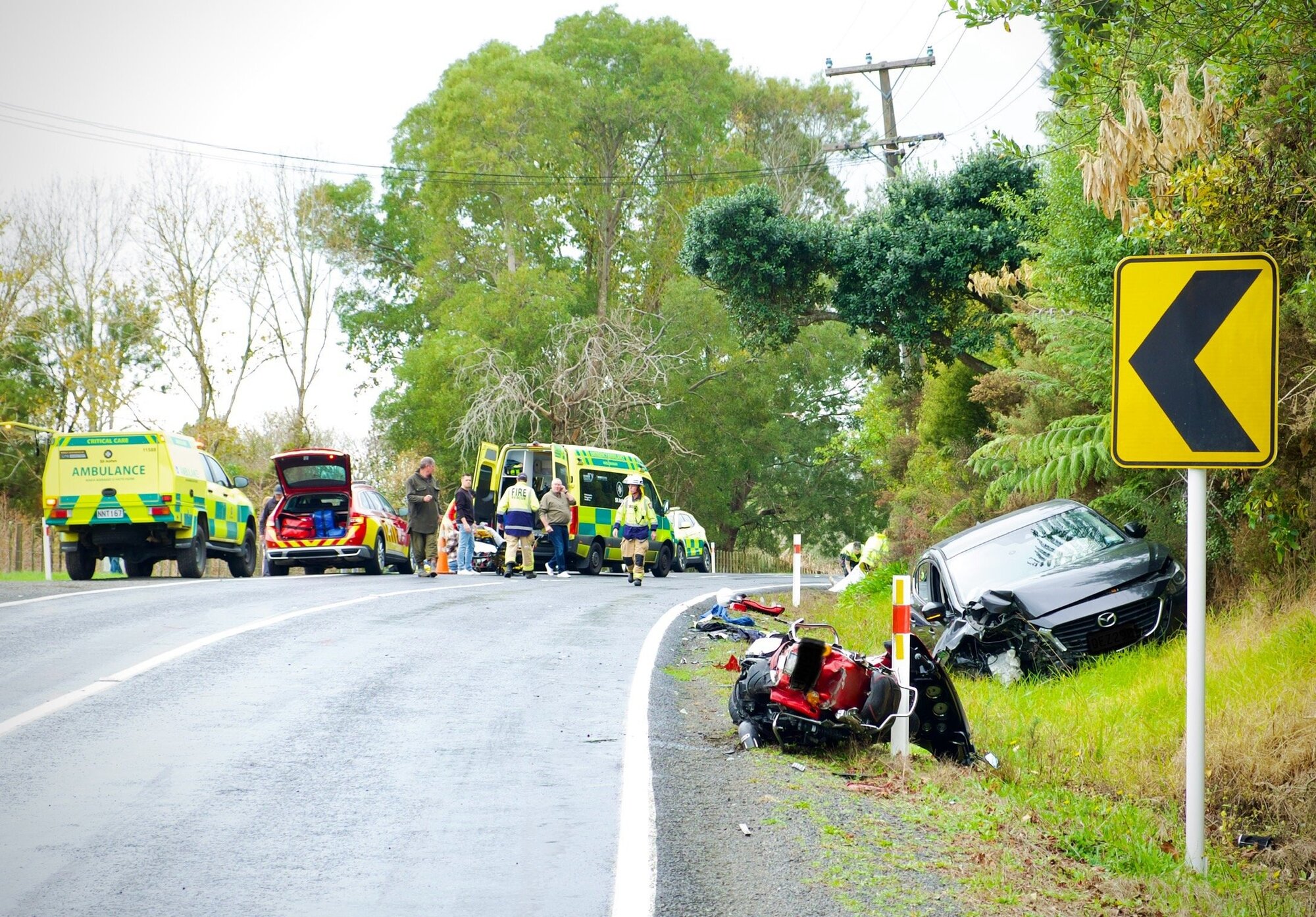 A Harley-Davidson collided with an oncoming car on  Clevedon-Kawakawa Rd on Sunda.