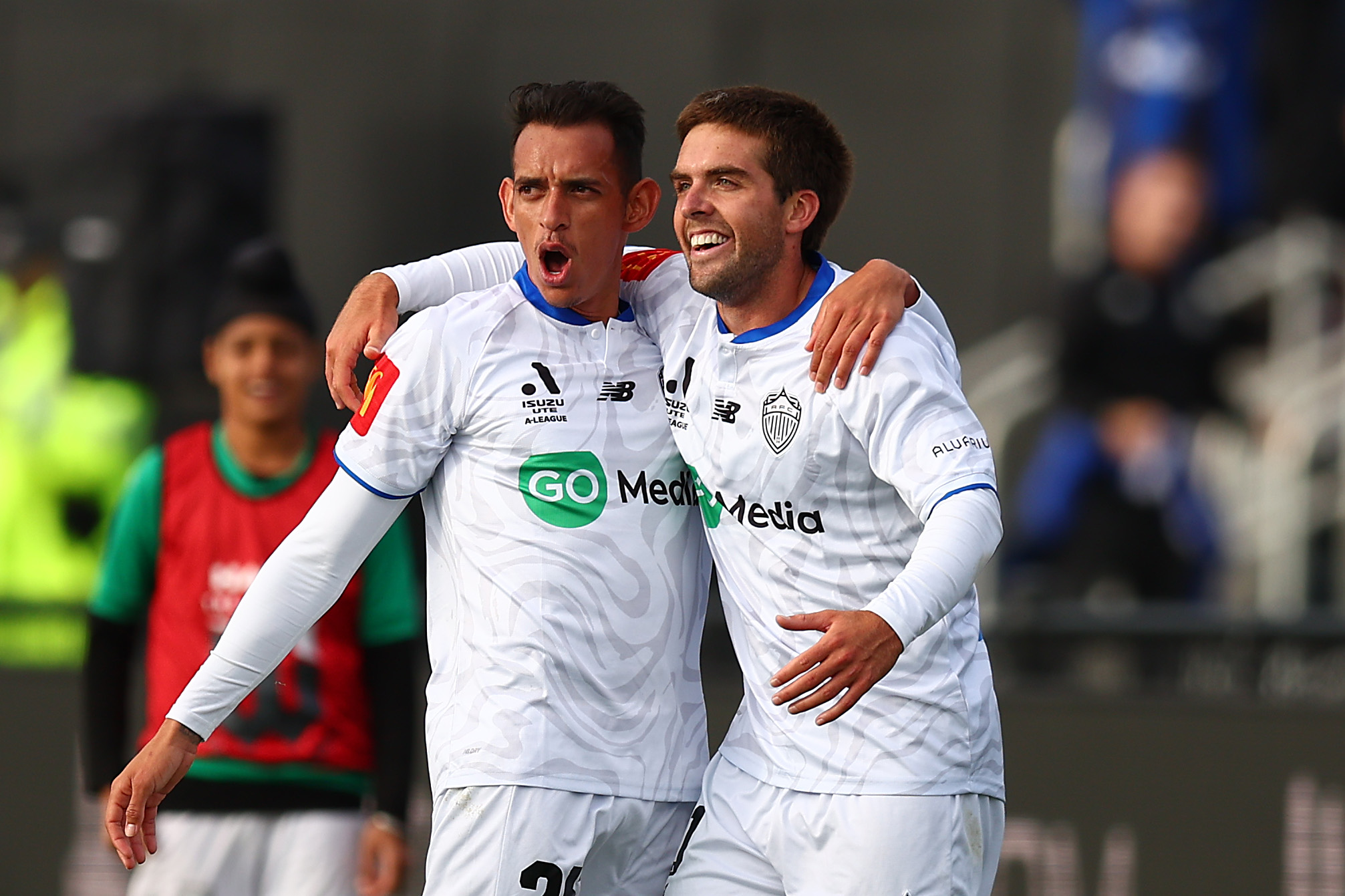 Neyder Moreno celebrating with teammate Guillermo May. Photo / Getty Images