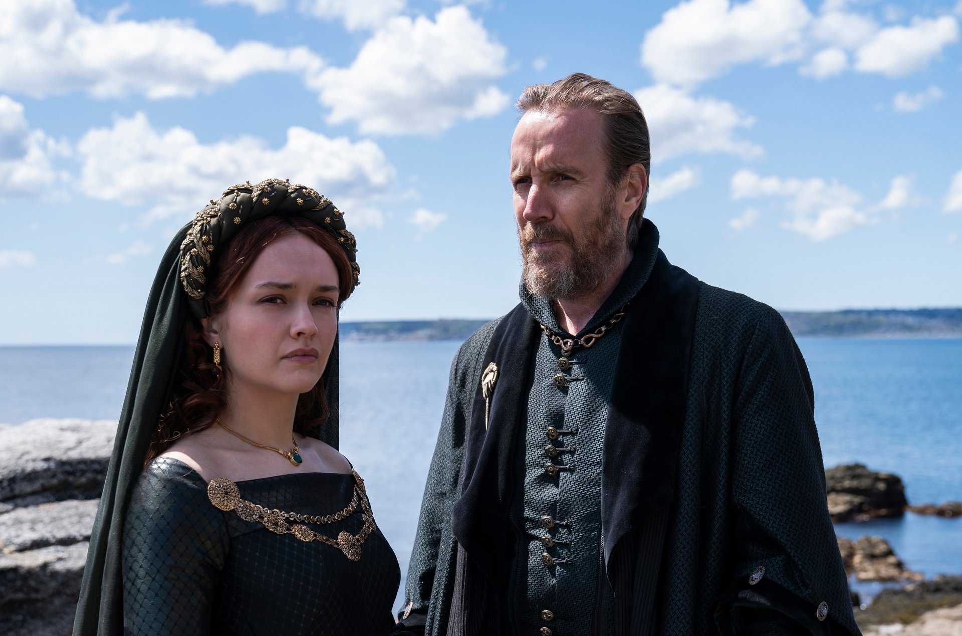 Olivia Cooke and Rhys Ifans as Otto Hightower and his daughter Alicent Hightower in House of the Dragon. Photo / @HouseofDragon