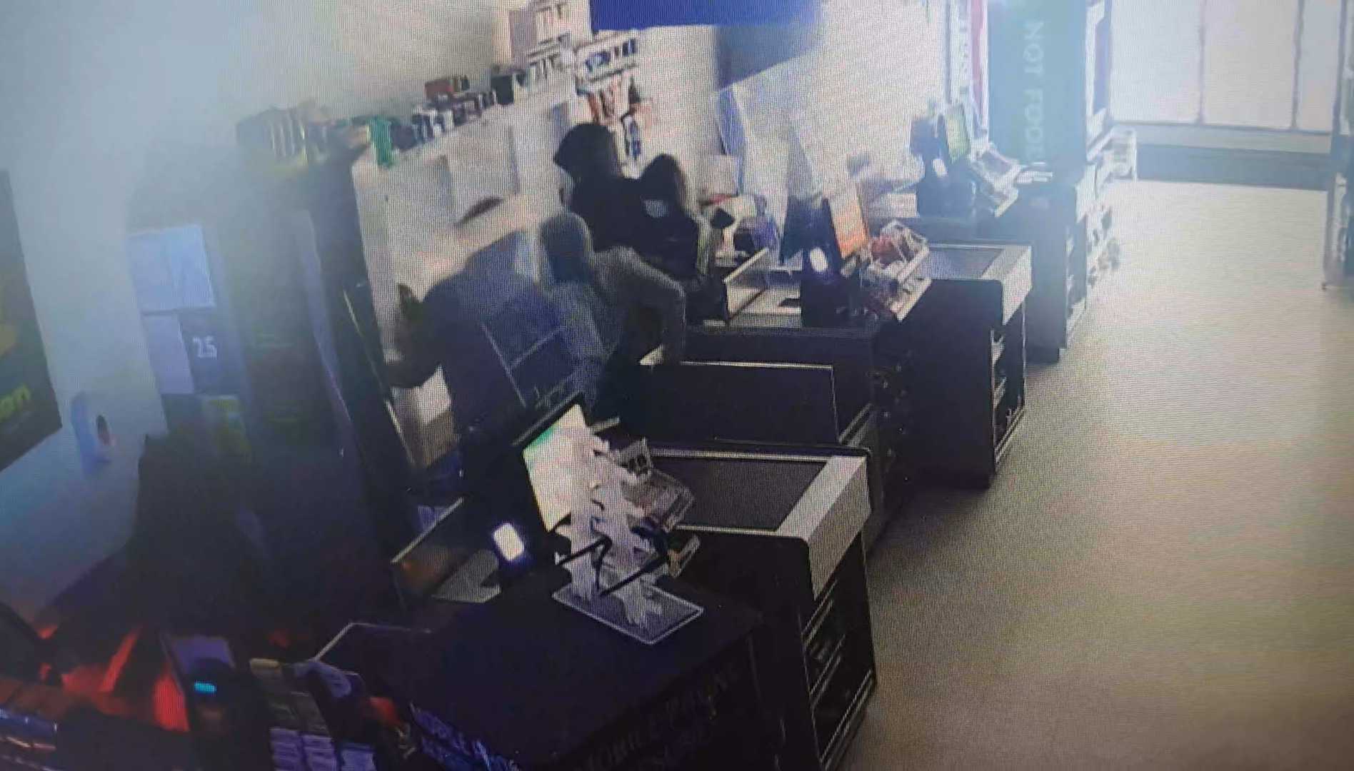 CCTV footage shows the offenders attempting to break into the cigarette cabinets of FreshChoice Lyttelton.