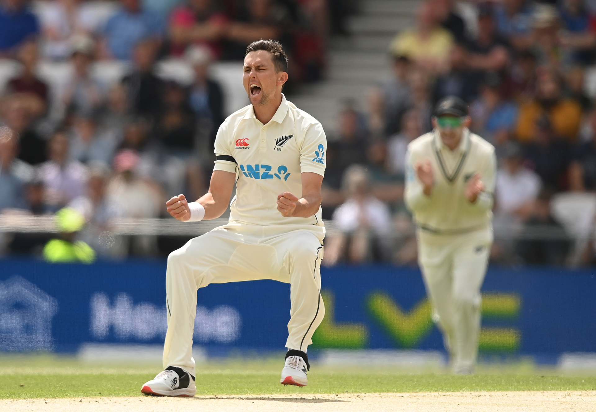 Trent Boult  celebrates the wicket of Jamie Overton of England during day three of the third test earlier this year. Photo / Getty