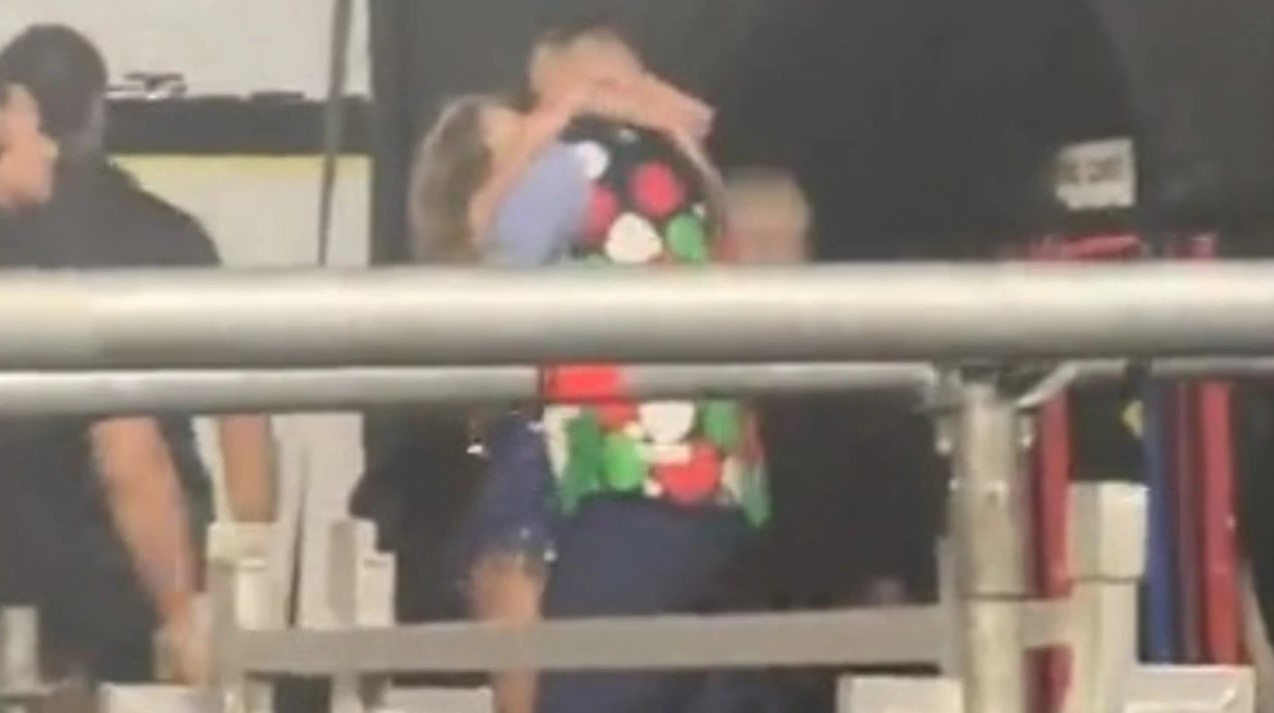 Travis Kelce and Taylor Swift shared a passionate kiss after her latest show. Photo / X
