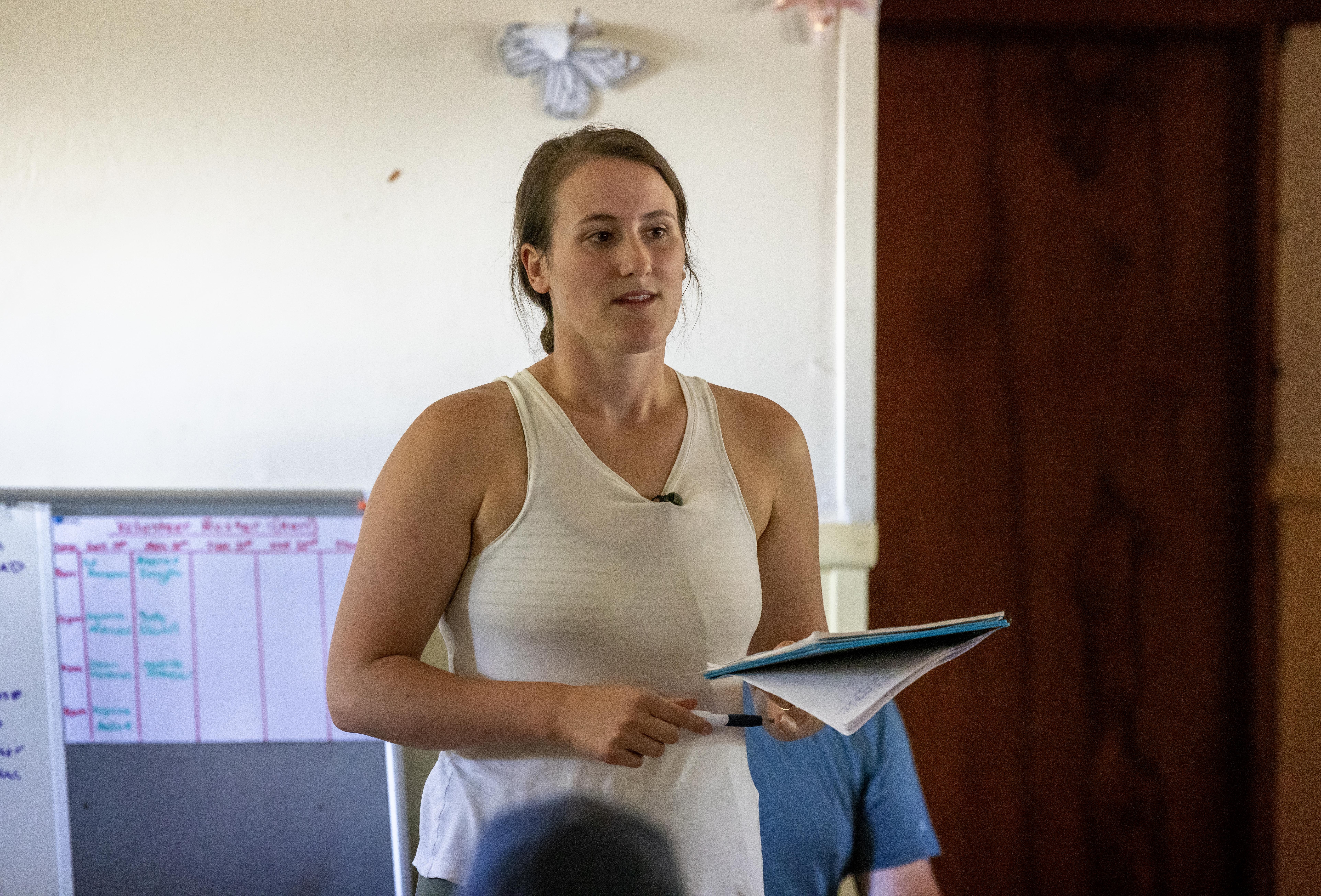 Waihau sheep and beef farmer Isabelle Crawshaw, also a Hastings District Council rural community board member, addresses the meeting. Photo / Mike Scott