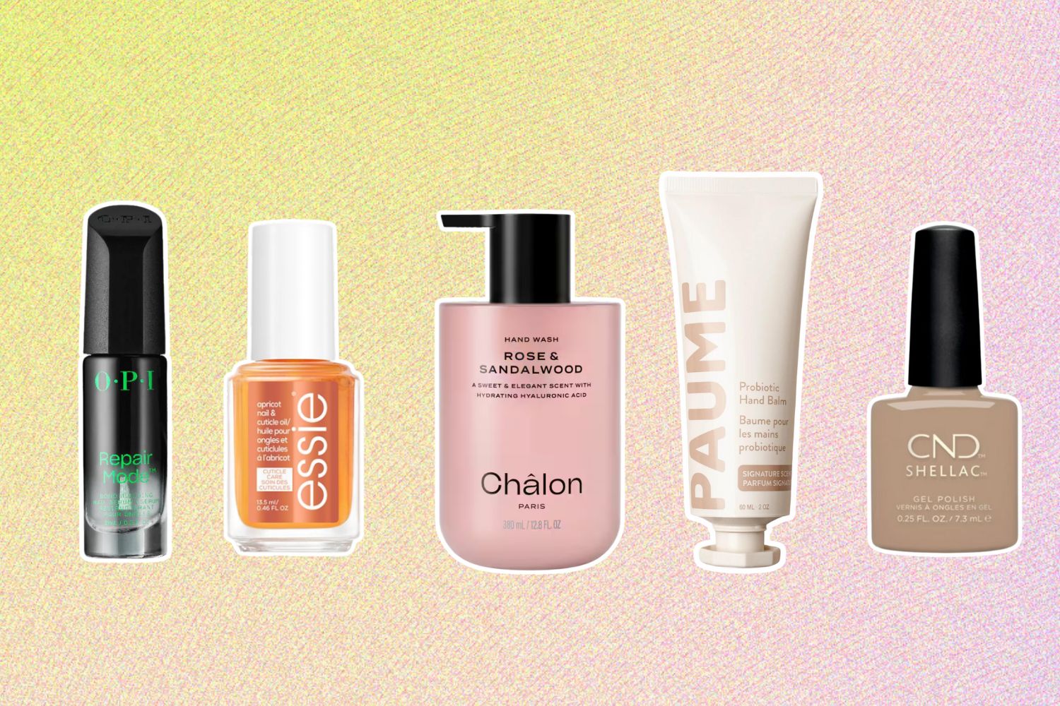 From left: OPI Repair Mode; Essie Apricot Cuticle Oil; Chalon Paris Rose & Sandalwood Hand Wash; Paume Probiotic Hand Balm; Shellac Gel Polish.