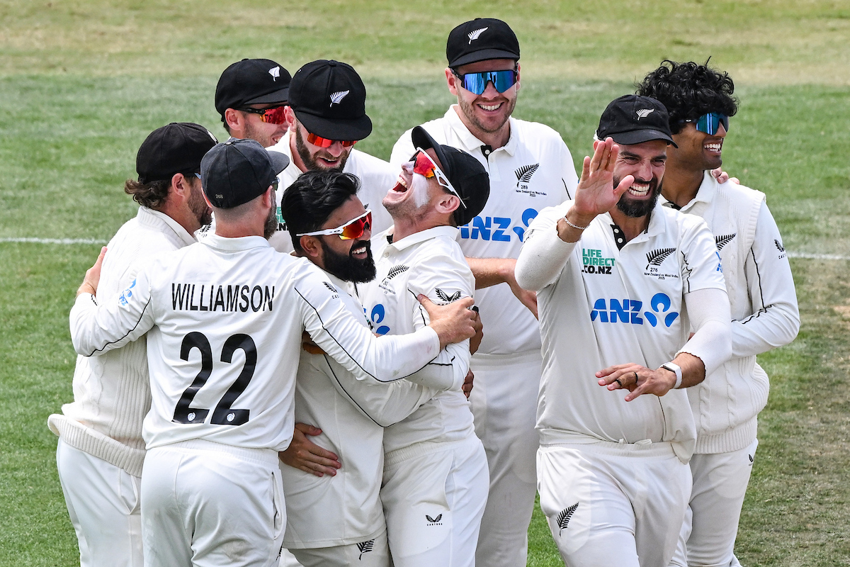 The Black Caps celebrate an Ajaz Patel wicket on the final day against the West Indies at Bay Oval. Photo / Photosport