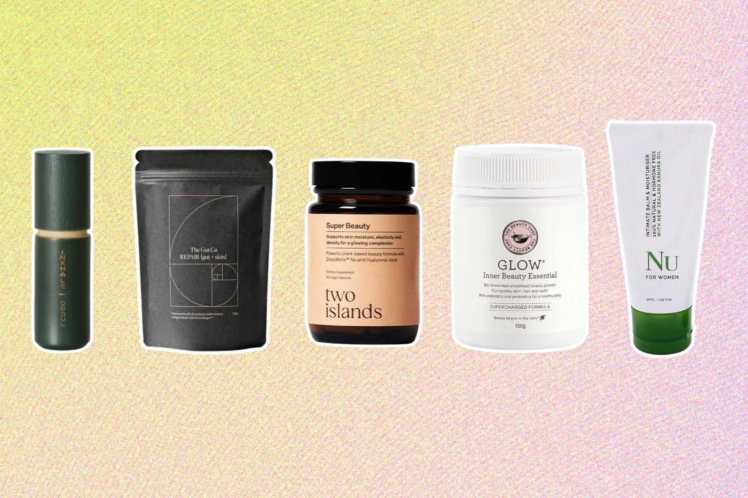 From left: Inxhale; Two Islands Super Beauty; The Gut Co. Repair {Gut + Skin}; The Beauty Chef Glow Wellbeing: Beauty Chef Glow; NuBalm Intimate Balm & Moisturiser.