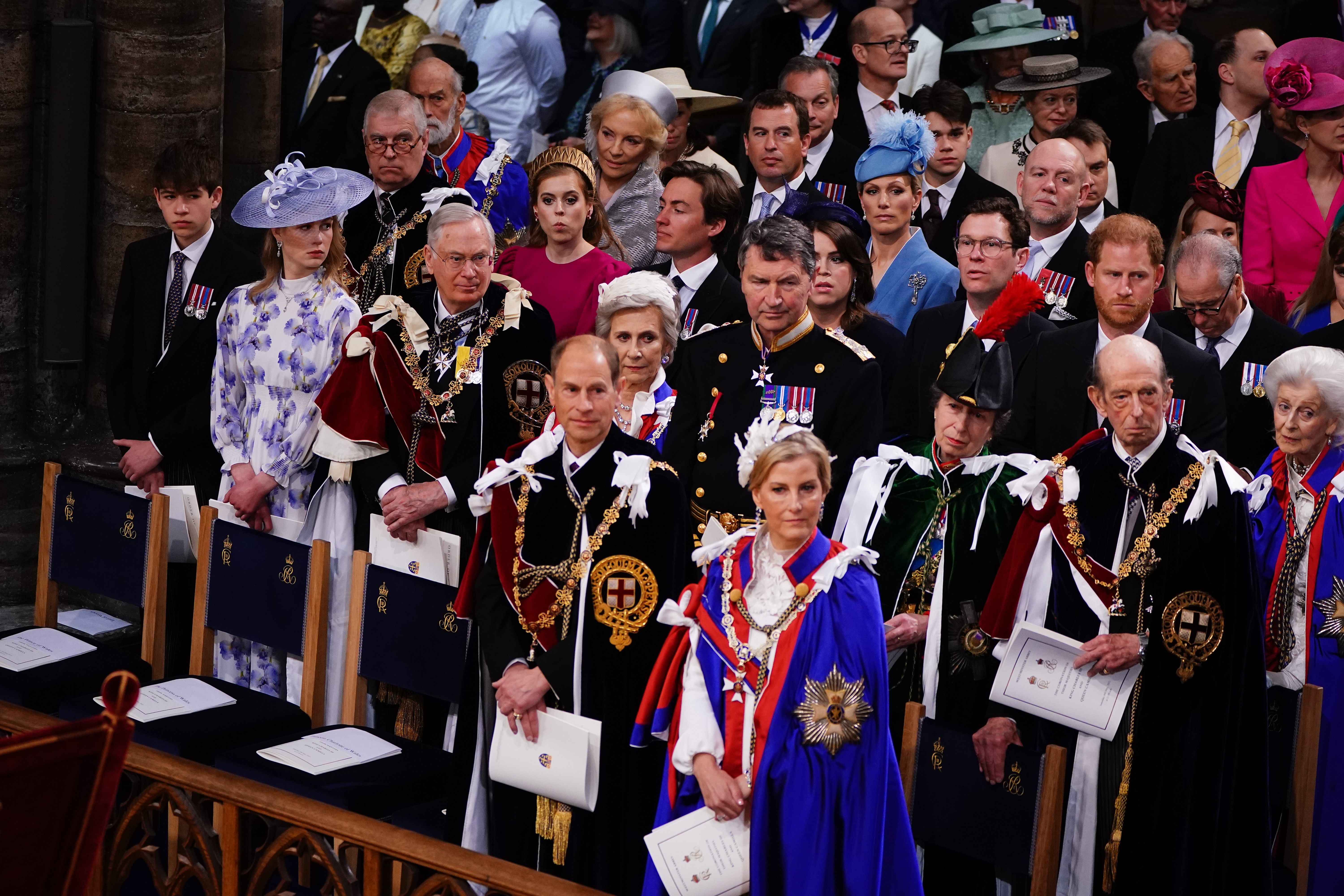 Prince Andrew, Princess Beatrice, Edoardo Mapelli Mozzi, Peter Phillips, Zara Tindall, Princess Eugenie, Jack Brooksbank, Mike Tindall and Prince Harry, James Mountbatten-Windsor, Lady Louise Windsor, Prince Richard, Birgitte, Princess Anne, Vice Admiral Sir Tim Laurence, Prince Edward and Sophie attend the Coronation of King Charles III and Queen Camilla on May 6, 2023 in London, England. Photo / Getty Images