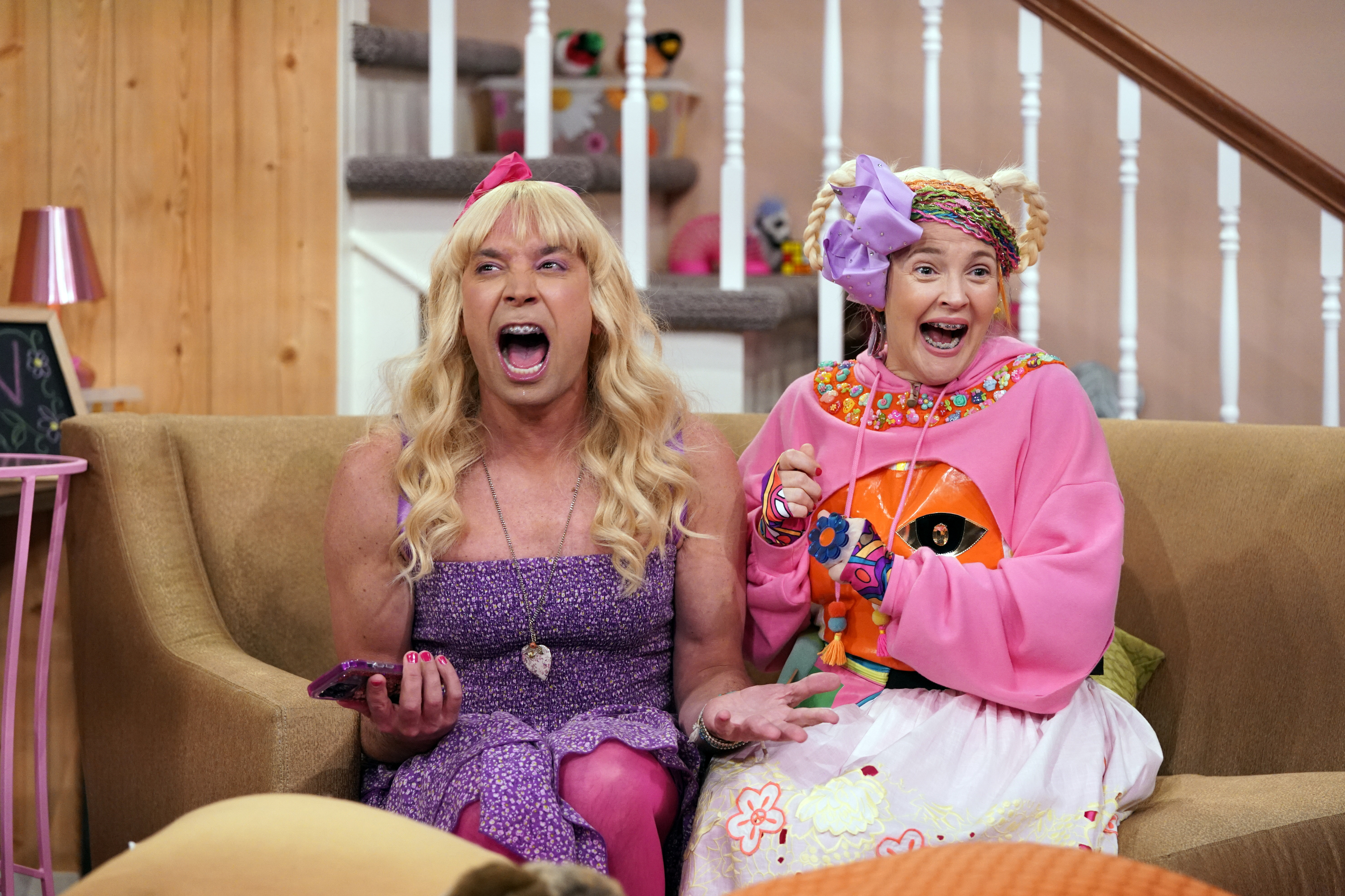 Host Jimmy Fallon as Sara and talk show host Drew Barrymore during 