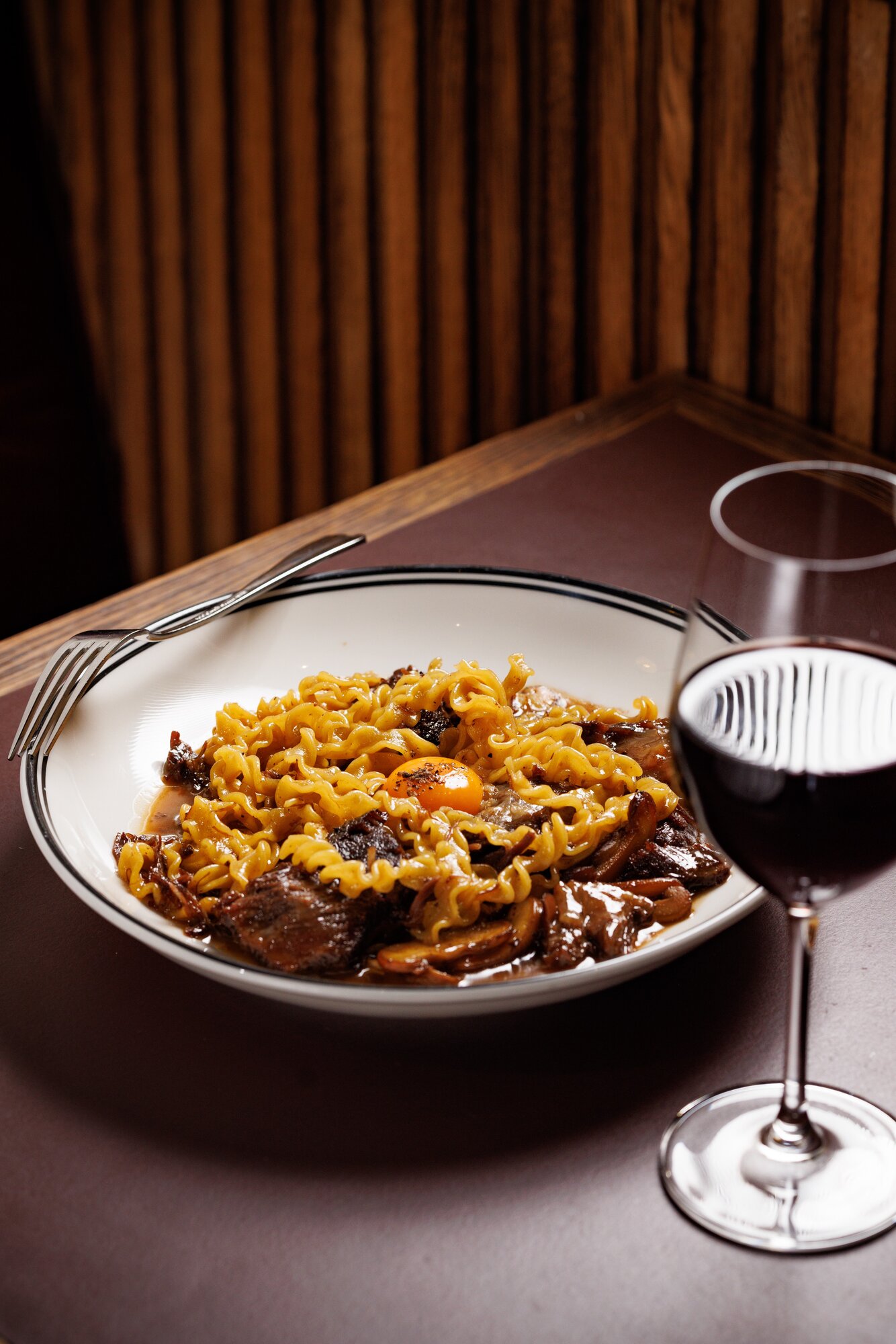 Mafaldine, beef cheek, shiitake, egg yolk on the menu at Osteria Uno. Photo / Babiche Martens