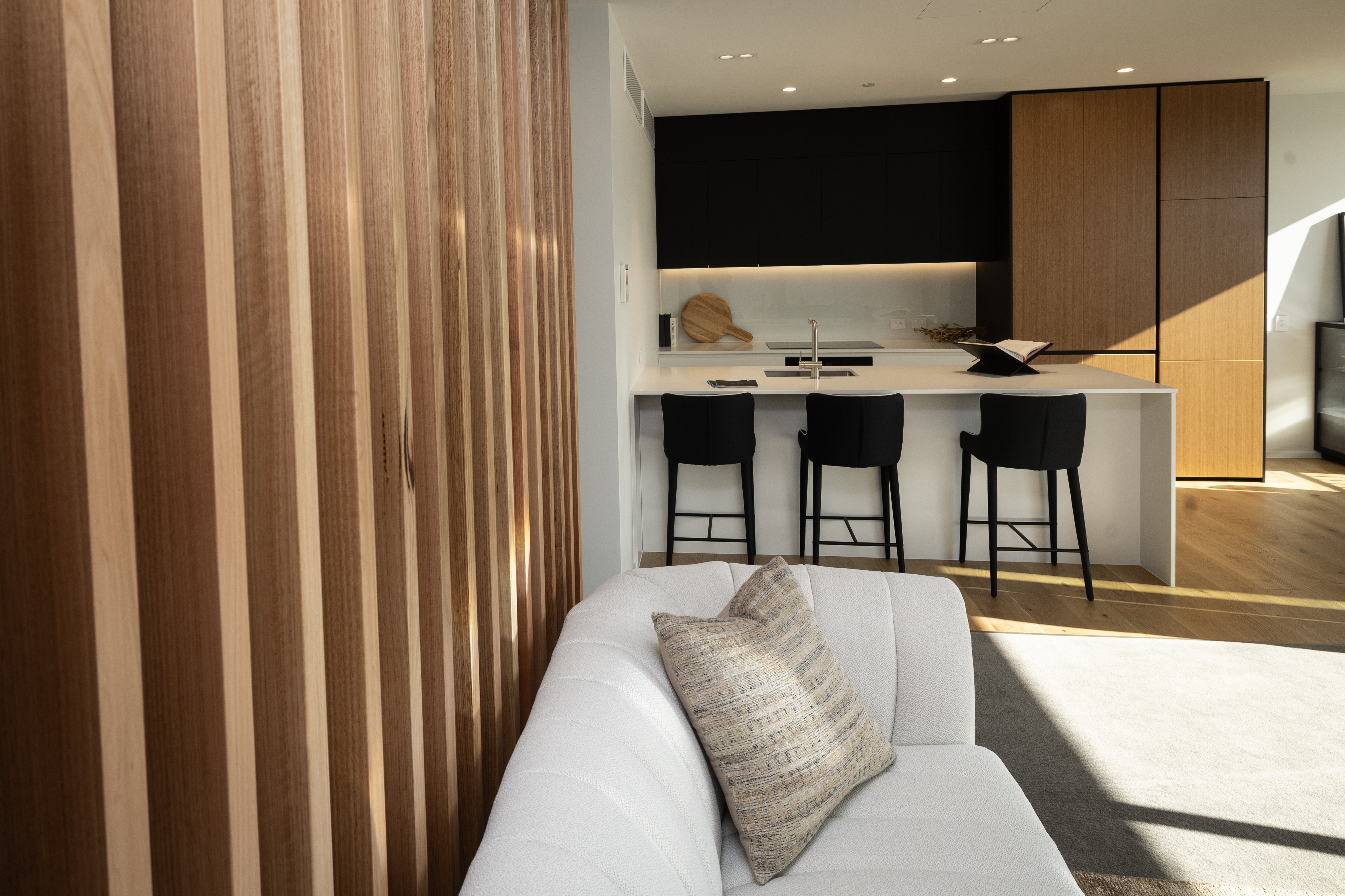 Wood, stone, marble and natural colours are major features of the new Catalina Bay Apartments. Photo / Jason Oxenham