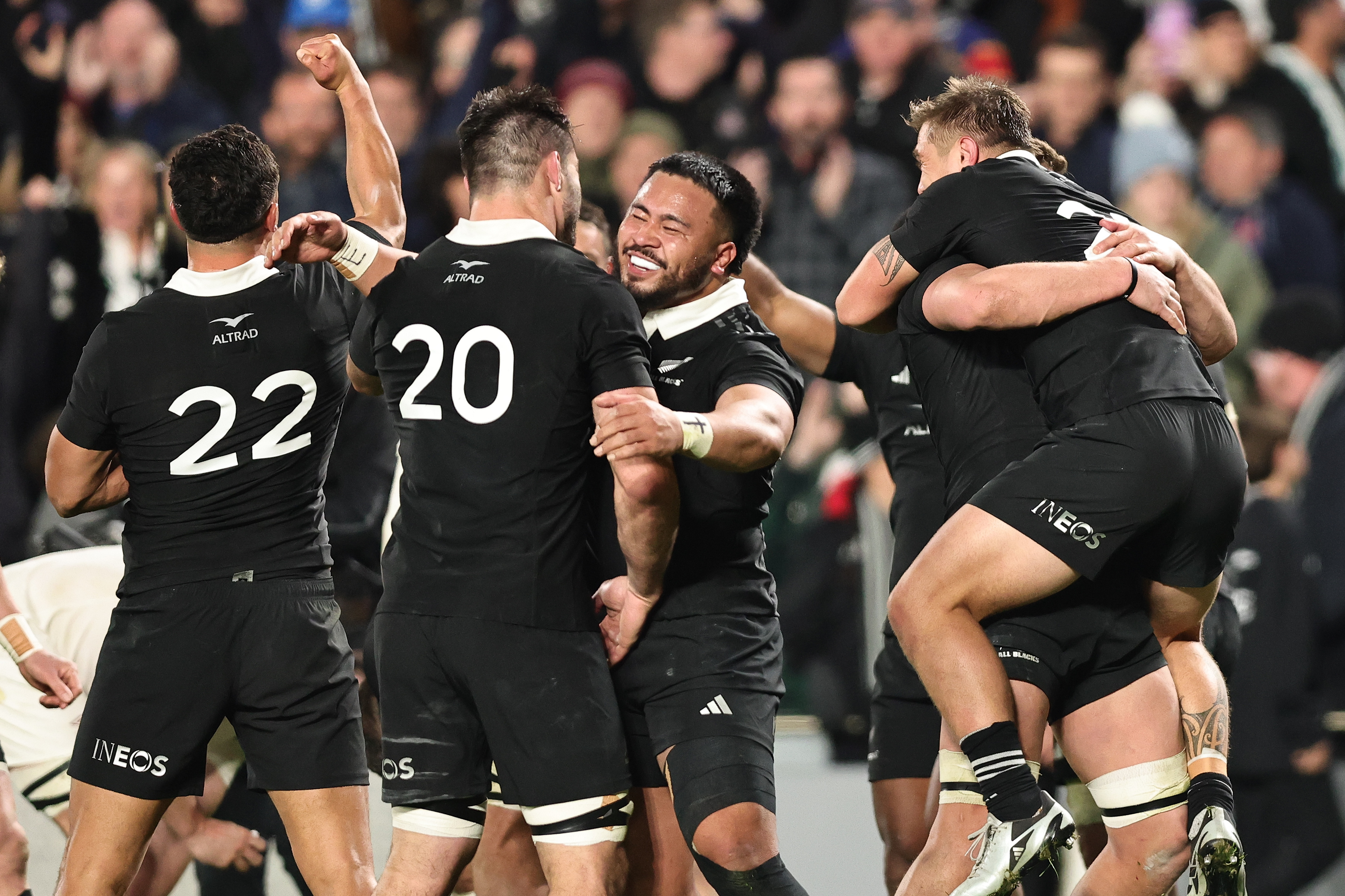 The All Blacks celebrate victory over England at Eden Park. Photo / Photosport