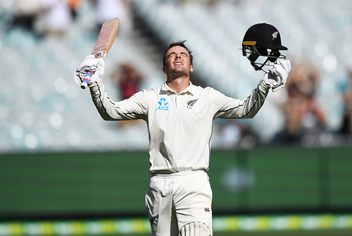 New Zealand opening batsman Tom Blundell celebrates his century. Photo / Photosport