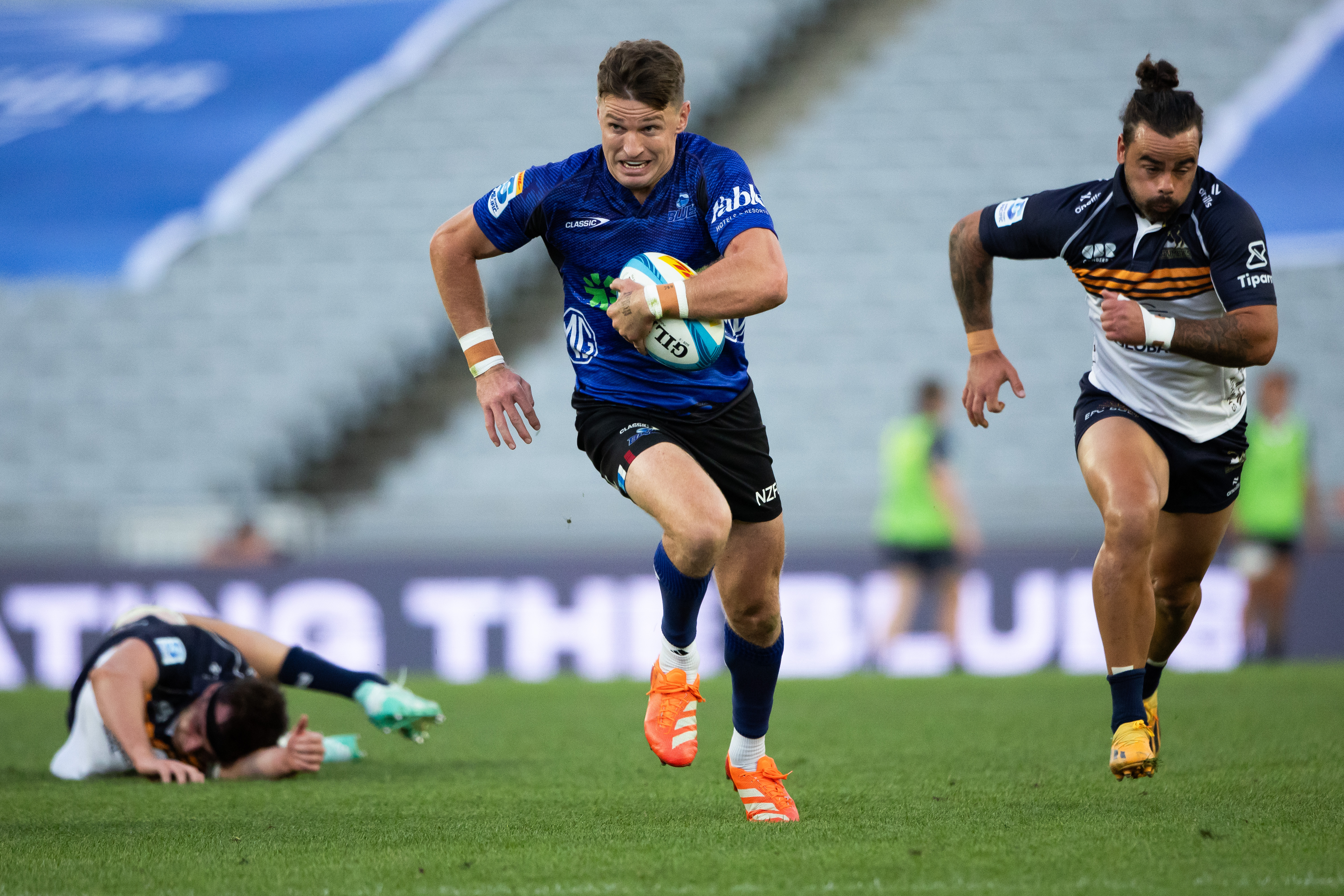 Beauden Barrett makes a break during the Blues' 21-20 loss to the Brumbies in Auckland. Photo / Photosport