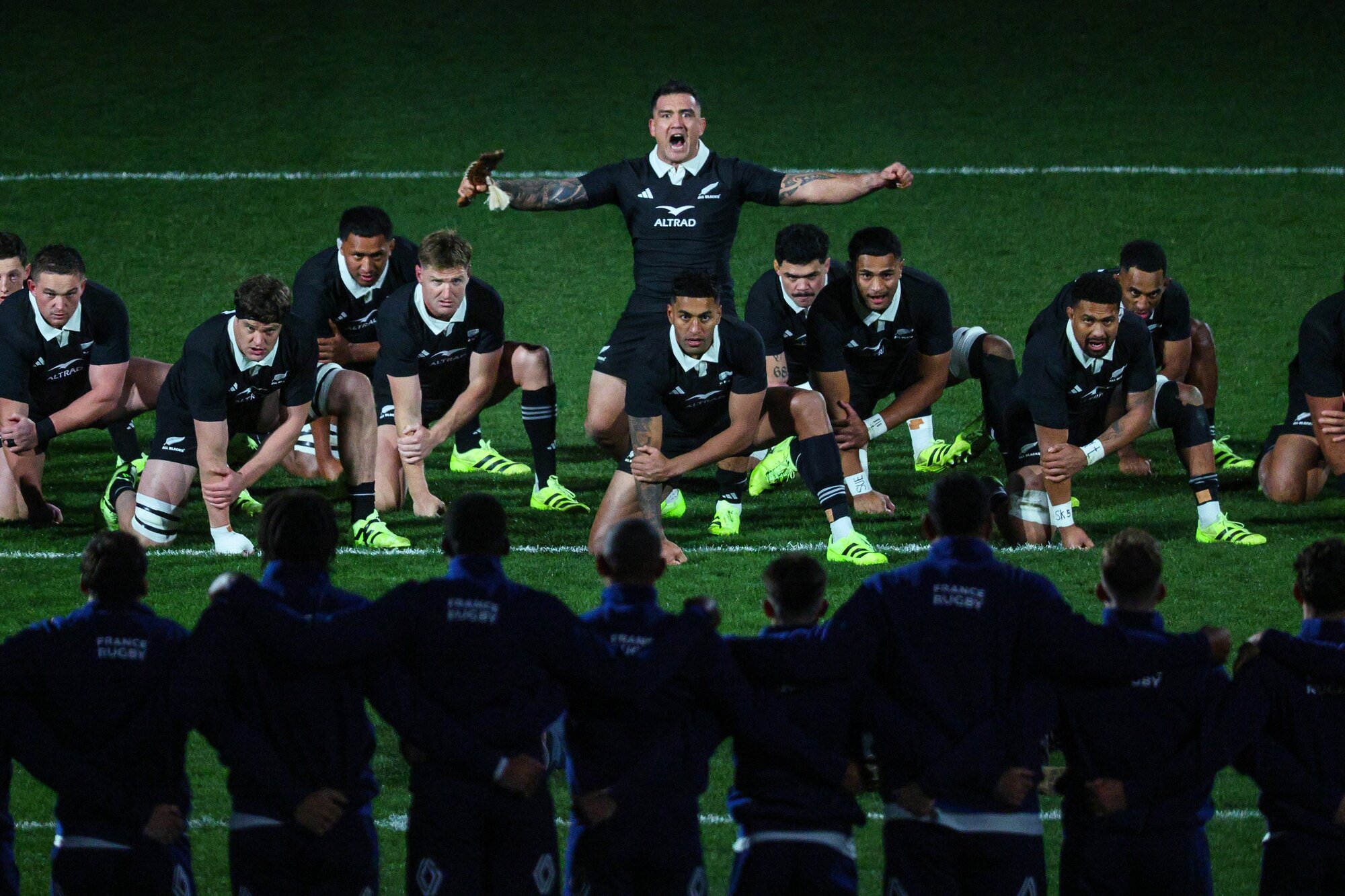 The All Blacks perform their pre-match haka against France. Photo / Photosport