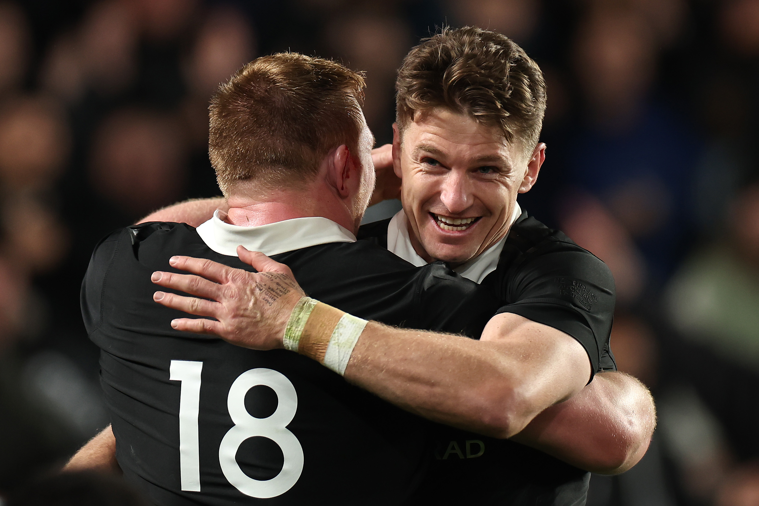Beauden Barrett and Fletcher Newell celebrate. Photo / Getty Images