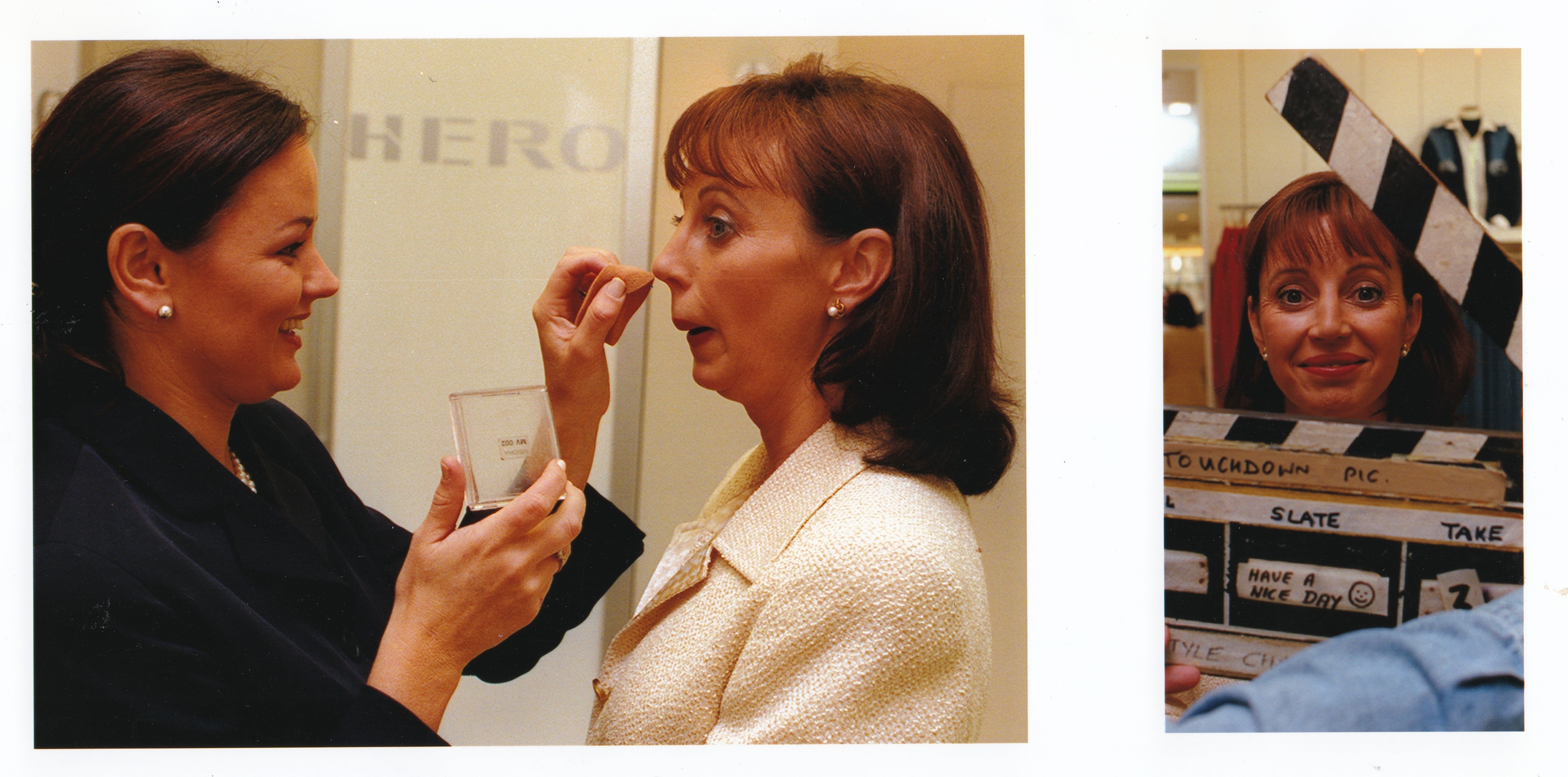 Makeup artist Gabrielle Jones preps Suzanne Paul ahead of filming the 1997 television show, Style Challenge. Photo / Ross White 