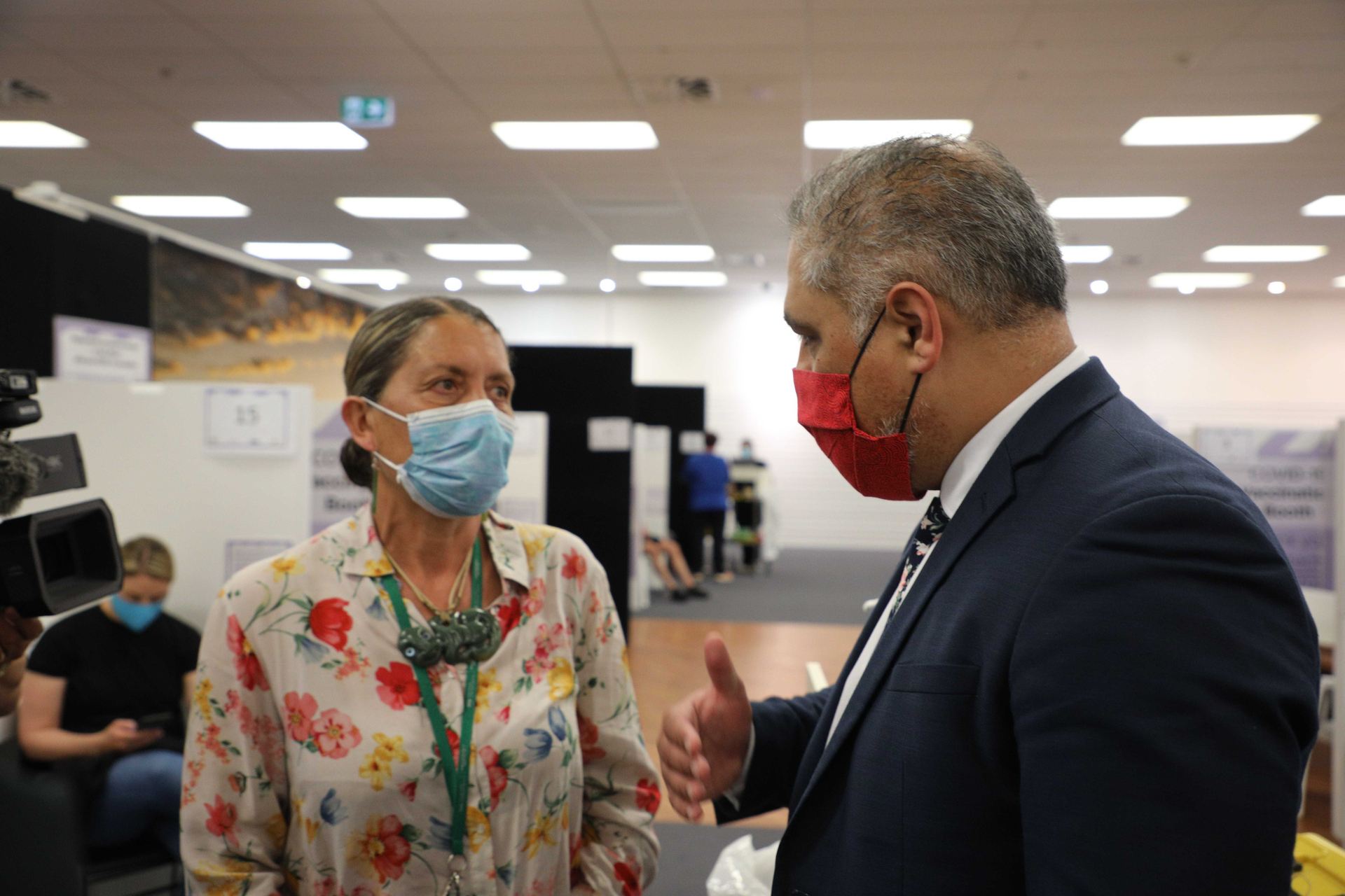 Associate Minister of Health (Māori) Peeni Henare (right) with Yvonne Rogers at the Rotorua Covid-19 Immunisation Hub. Photo / Andrew Warner