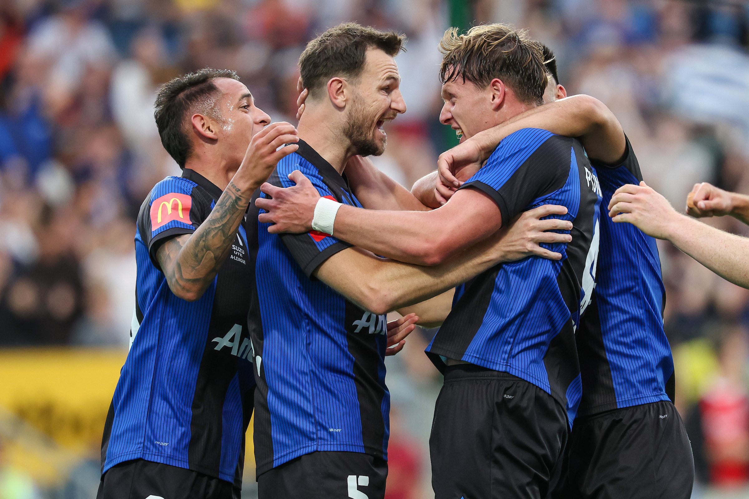 Auckland FC's Nando Pijnaker scores and celebrates his goal. Photo / Photosport