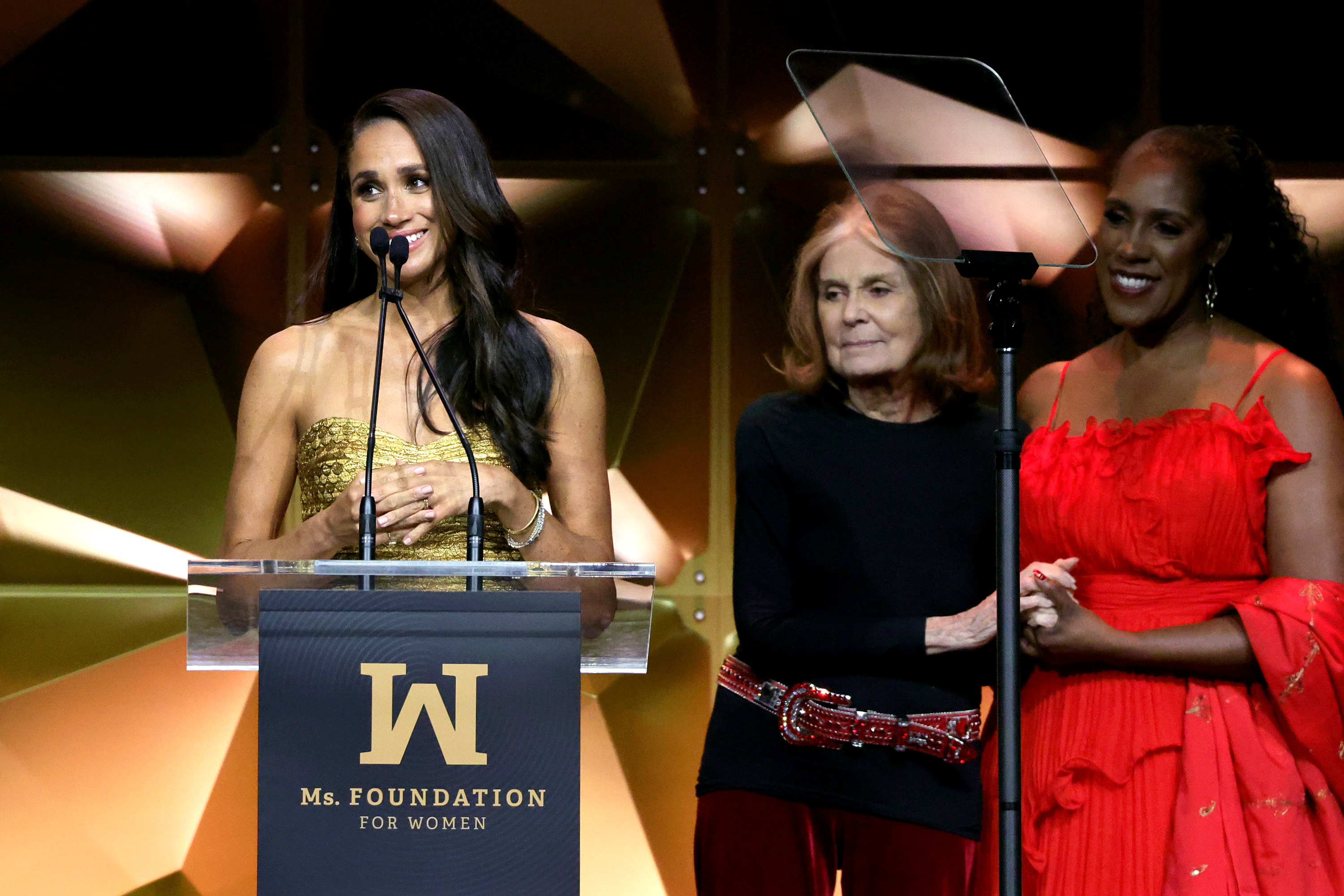 Meghan speaks onstage with Gloria Steinem and Teresa Younger during the Ms. Foundation Women of Vision Awards. Photo / Getty Images
