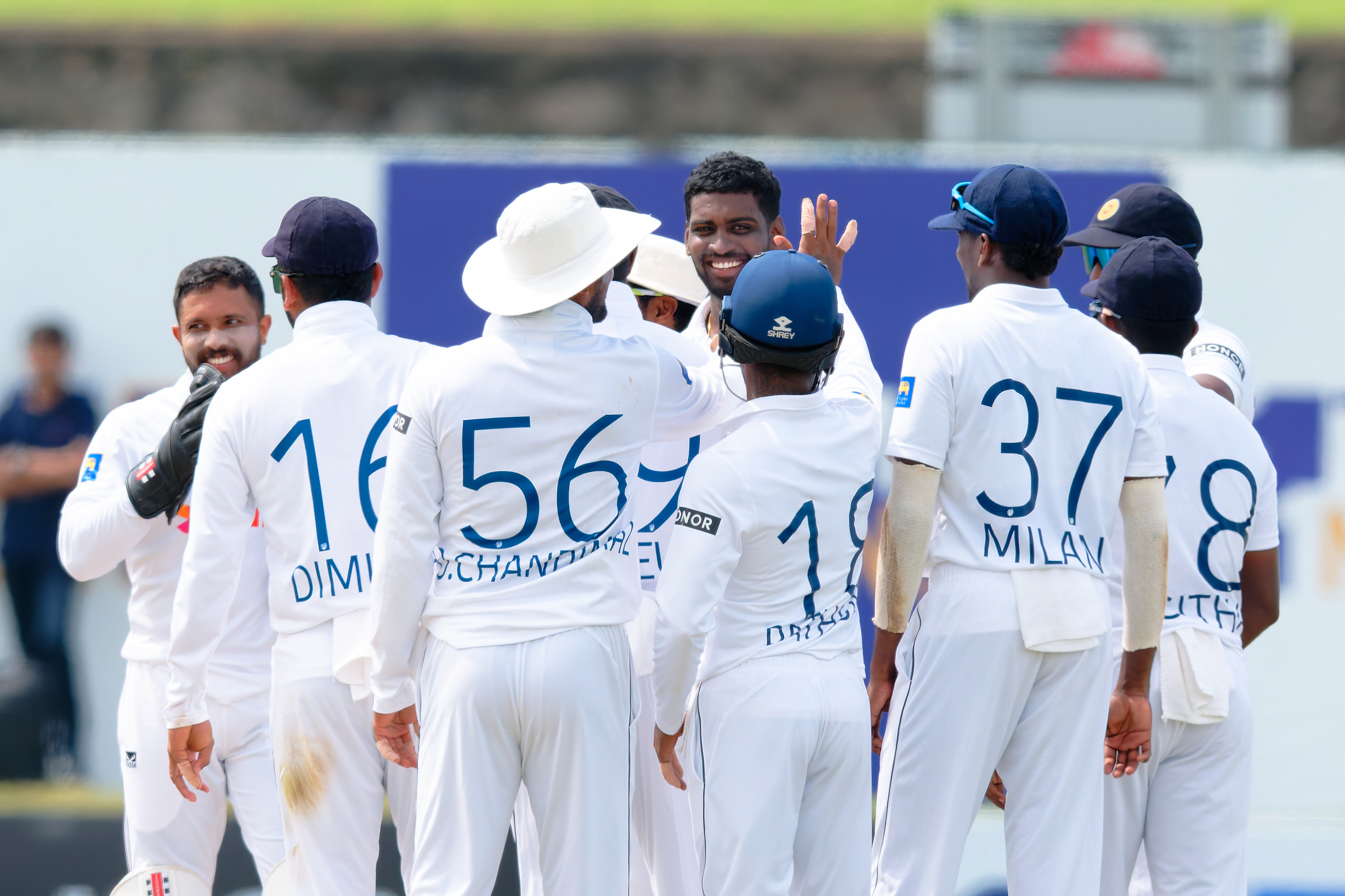 Sri Lanka celebrate a wicket on the fourth day of the second test. Photo / Sri Lanka Cricket