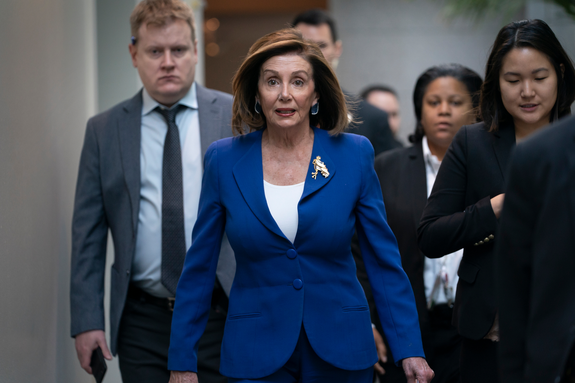 Speaker of the House Nancy Pelosi arrives to meet with other House Democrats on the morning following Iranian attacks on bases in Iraq housing US troops. Photo / AP