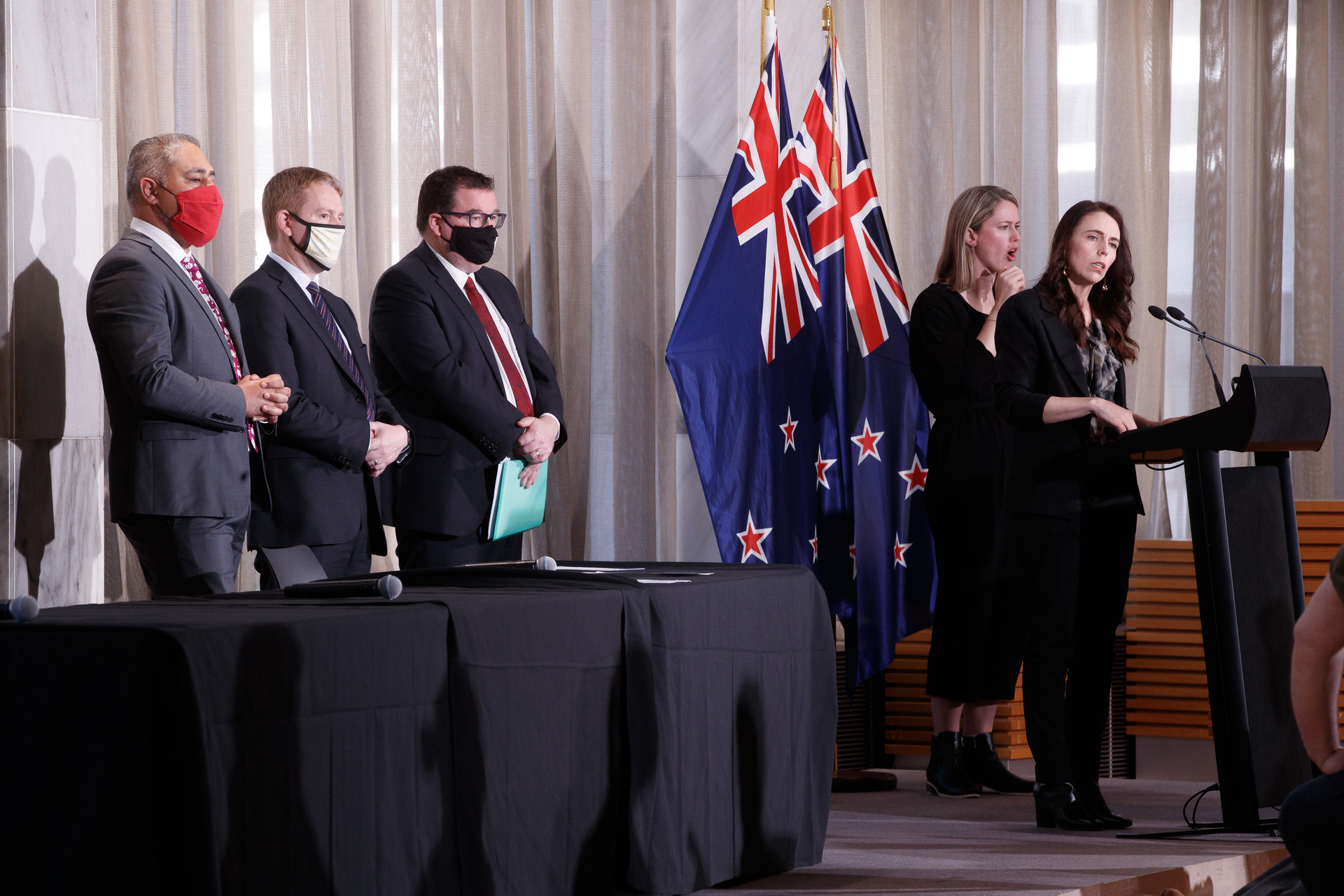 Prime Minister Jacinda Ardern with ministers Grant Robertson, Chris Hipkins and Peeni Henare, introducing the traffic light system. Photo / Pool
